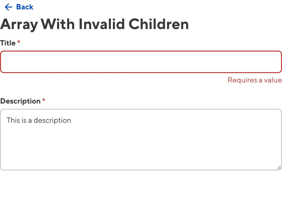 Array Input with required value A screenshot of the invalid nested inputs within an Array input in the Data Editor.