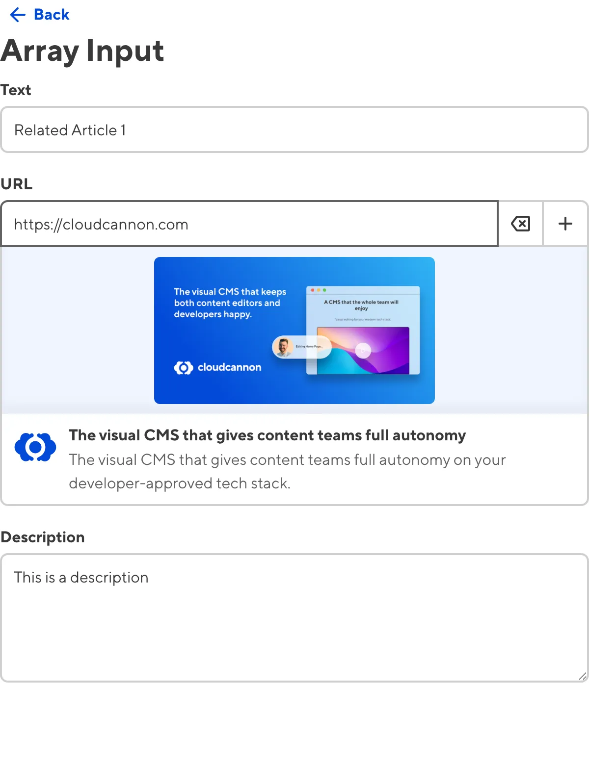 The Array input A screenshot of the nested content within an Array Input in the Data Editor.