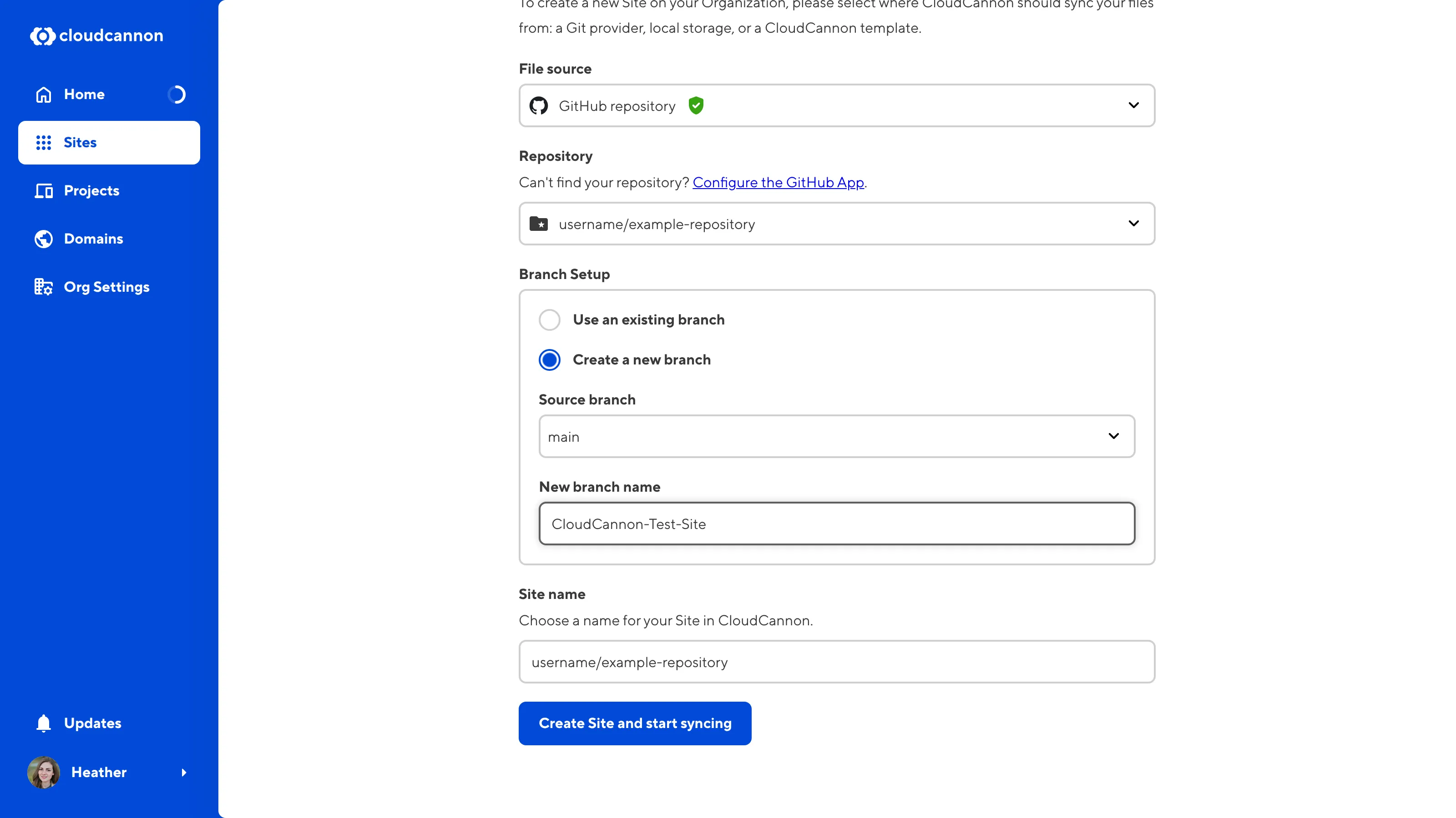 The Create a Site page A screenshot of the Create a Site page shows the Create a new branch radio button, Source branch, and New branch name fields.