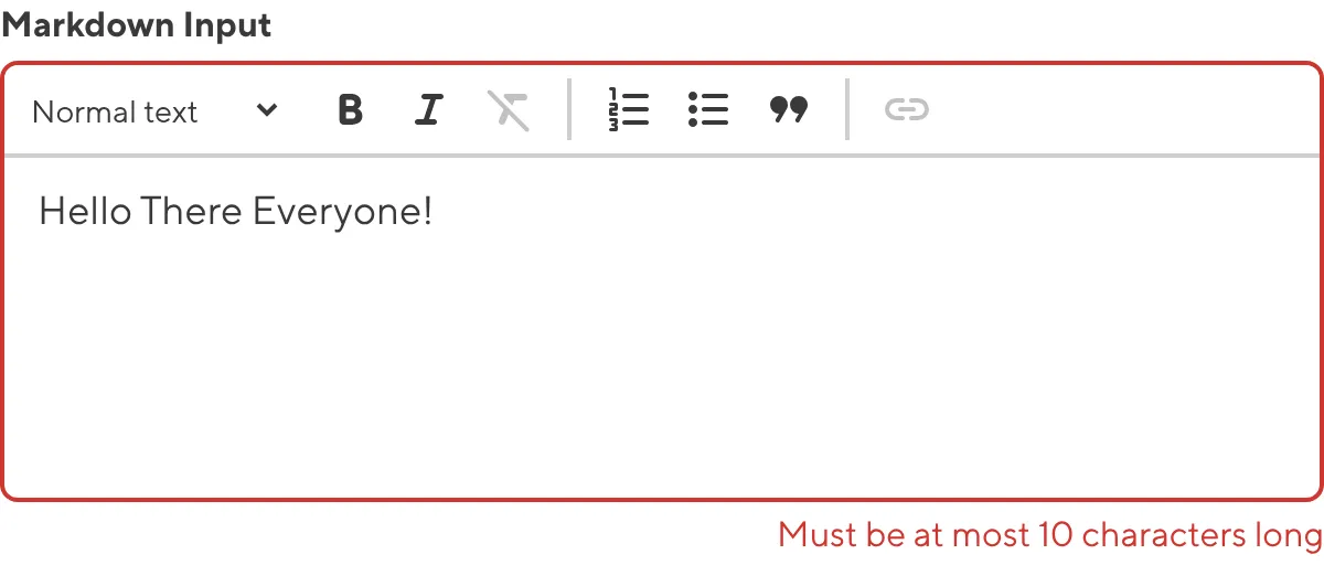 Markdown Input with max length validation A screenshot of the Markdown input in the Data Editor shows that the value does not meet maximum length requirements.