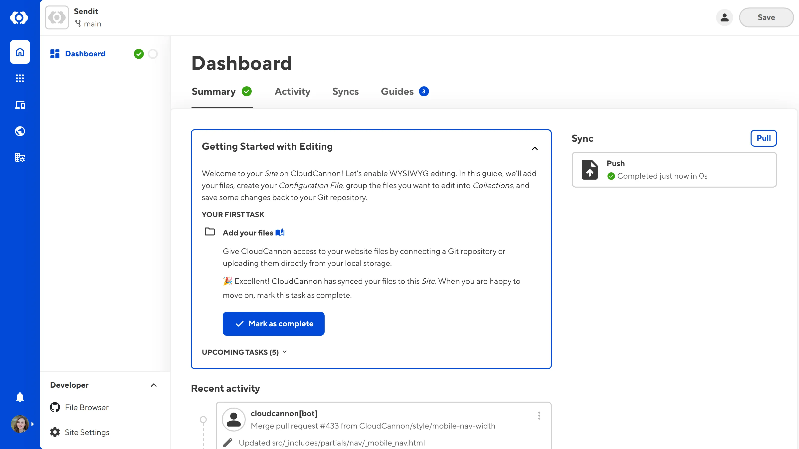 The Site Dashboard A screenshot of the Site Dashboard shows the Getting Started with Editing guide with a task to Add your Files.
