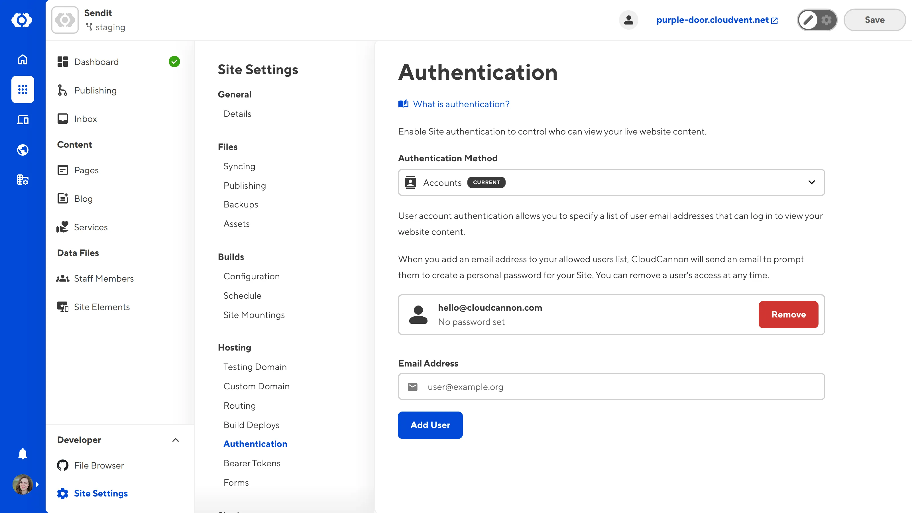 A screenshot of the Authentication page shows a card for each user you have invited to your Site.