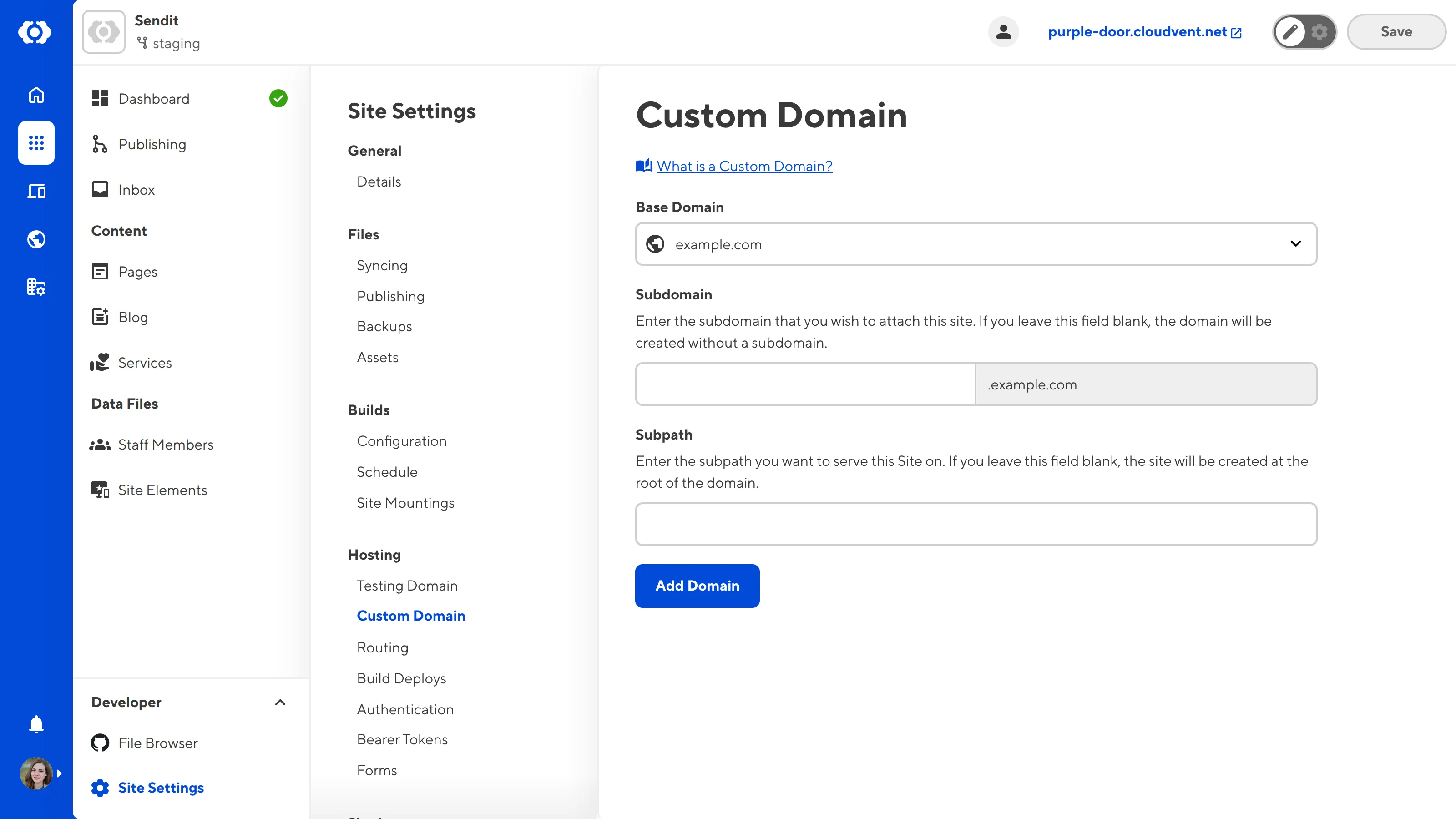 A screenshot of the Custom Domain page under Site Settings shows the Base Domain dropdown and two text fields for Subdomain and Subpath.