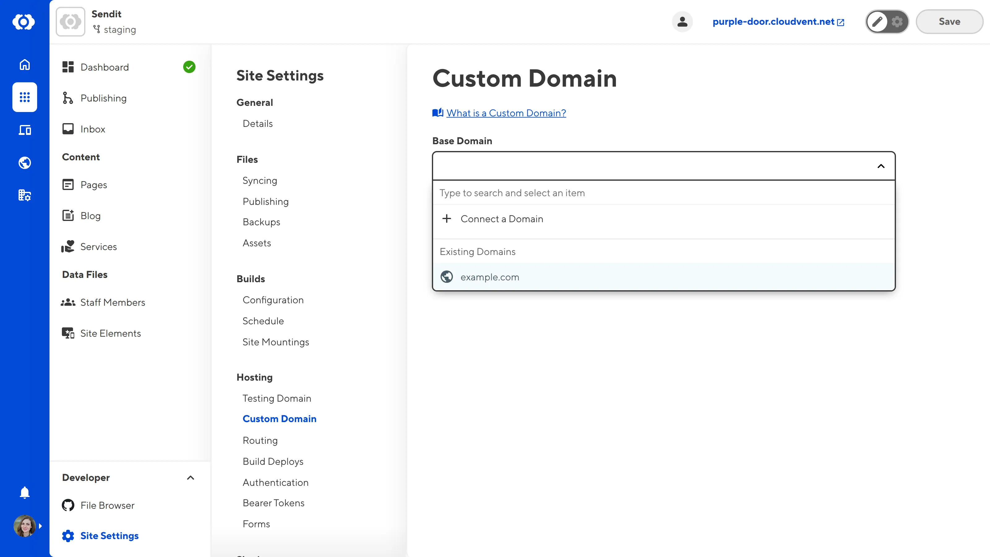 A screenshot of the Custom Domain page under Site Settings shows the Base Domain dropdown to select a connected domain.