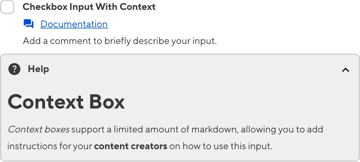 A screenshot of the Checkbox Boolean input in the Data Editor shows the label, comment, and context general configuration options.