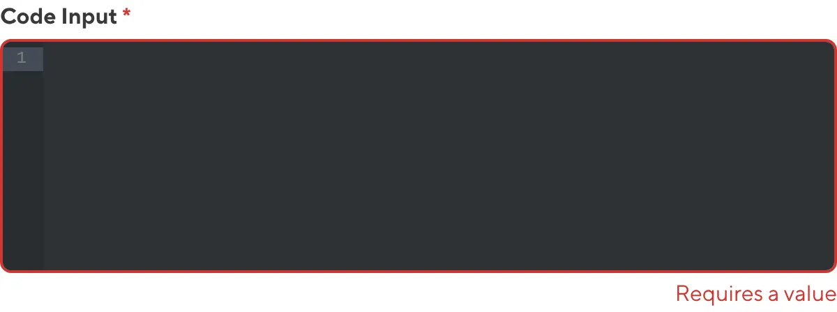 A screenshot of the Code input in the Data Editor shows that no value is causing an input validation error.