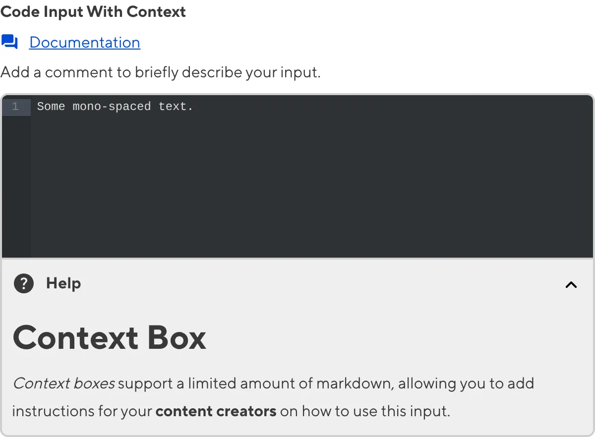 A screenshot of the Code Input in the Data Editor with a Context Box underneath the code area.