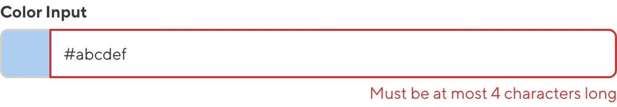 A screenshot of the Color input in the Data Editor shows that the value does not meet maximum length requirements.