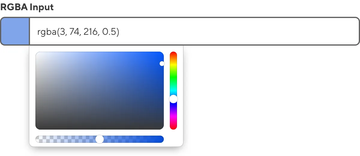 A screenshot of the Color input in the Data Editor shows a RGBA value in the text field.
