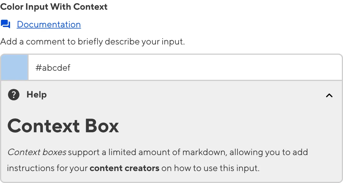 A screenshot of the Color Input in the Data Editor with a Context Box underneath the text field.