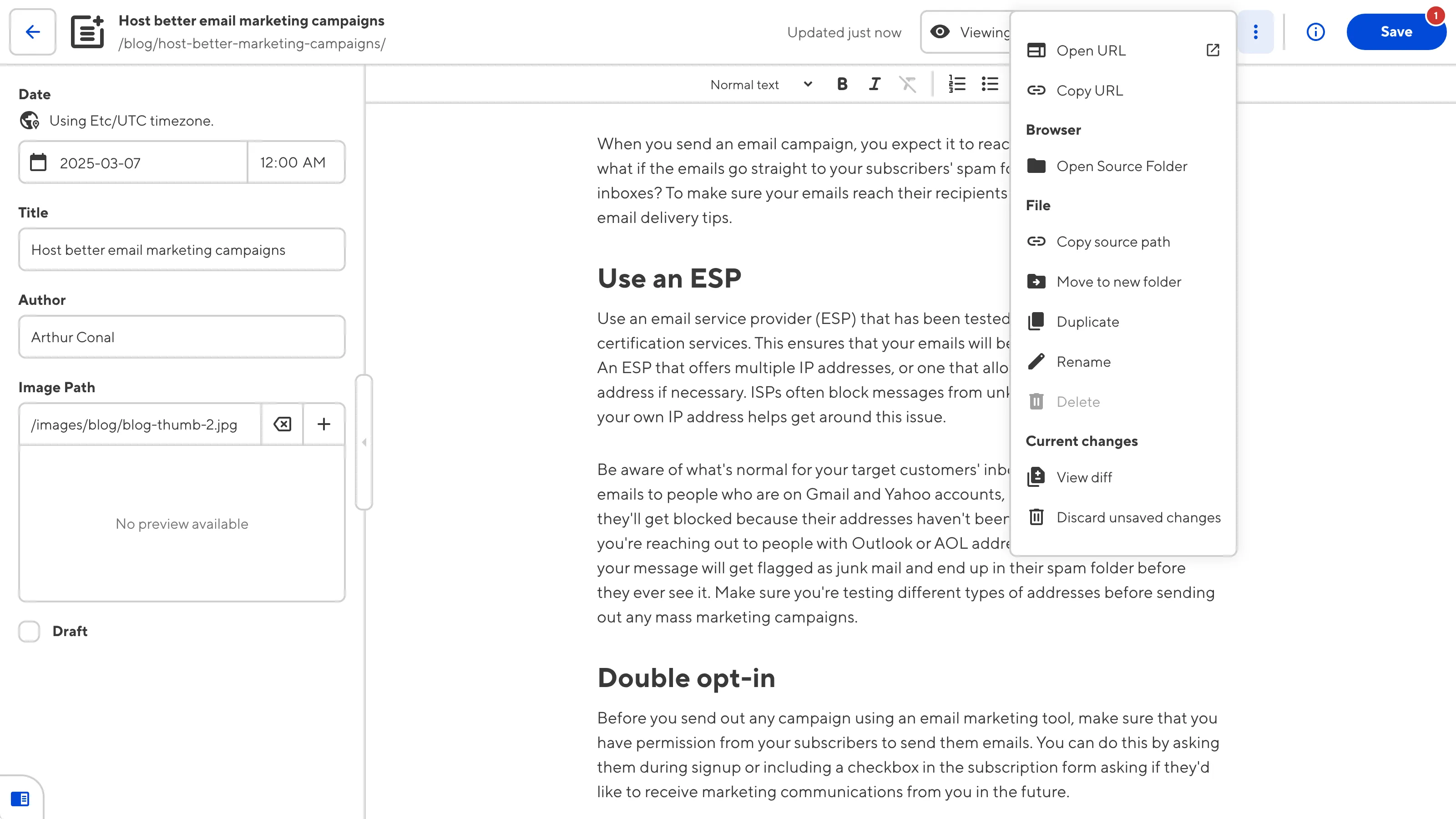 The Content Editor A screenshot of the Content Editor shows the open Context Menu with the Preview live site here option.