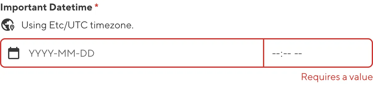 A screenshot of the Datetime input in the Data Editor shows that no value is causing an input validation error.