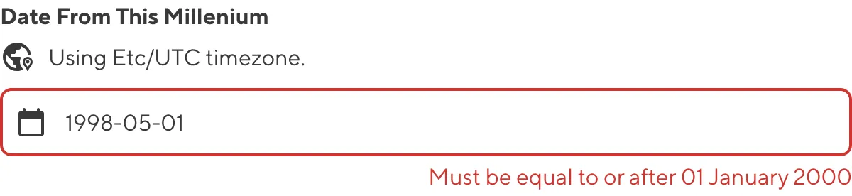 A screenshot of the Date input in the Data Editor shows that the current value does not meet validation criteria.