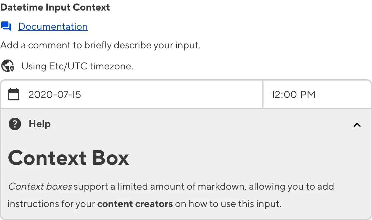 A screenshot of the Datetime Input in the Data Editor with a Context Box underneath the text field.