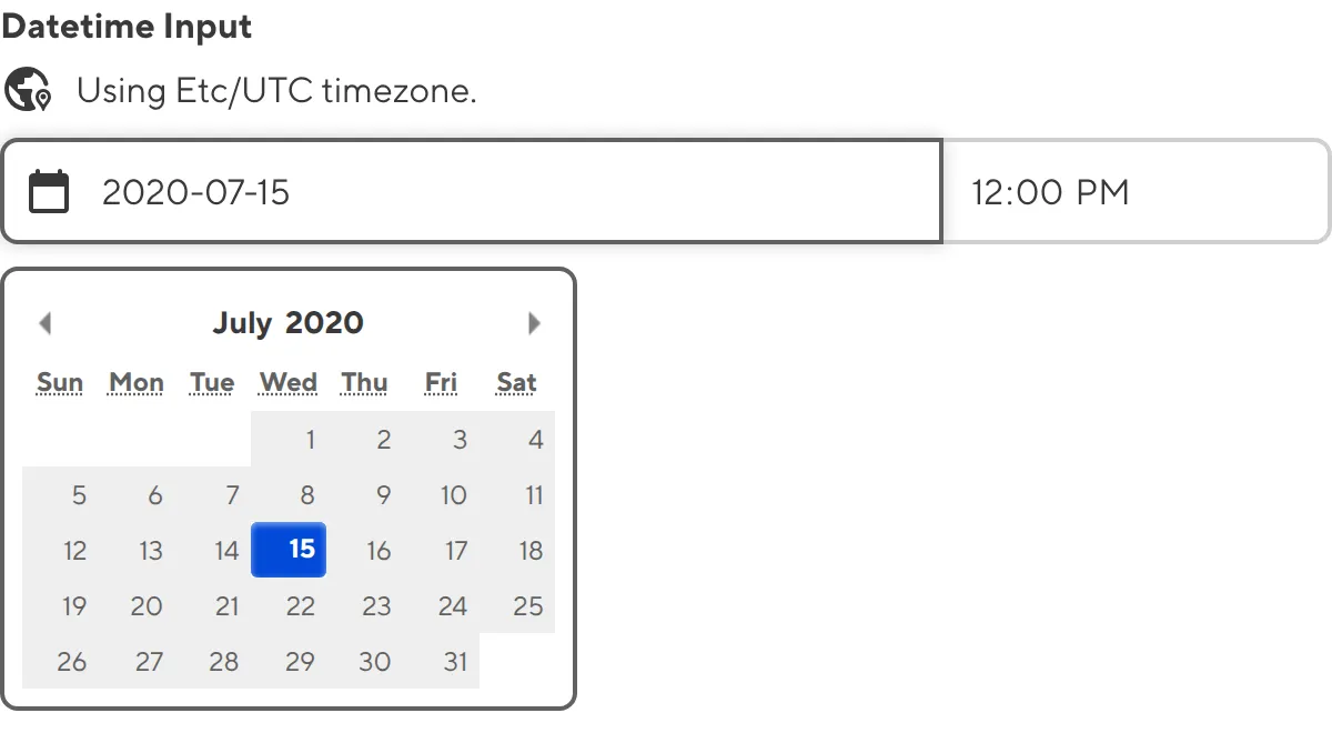 A screenshot of the Datetime input in the Data Editor shows an open calendar widget under the date text field.