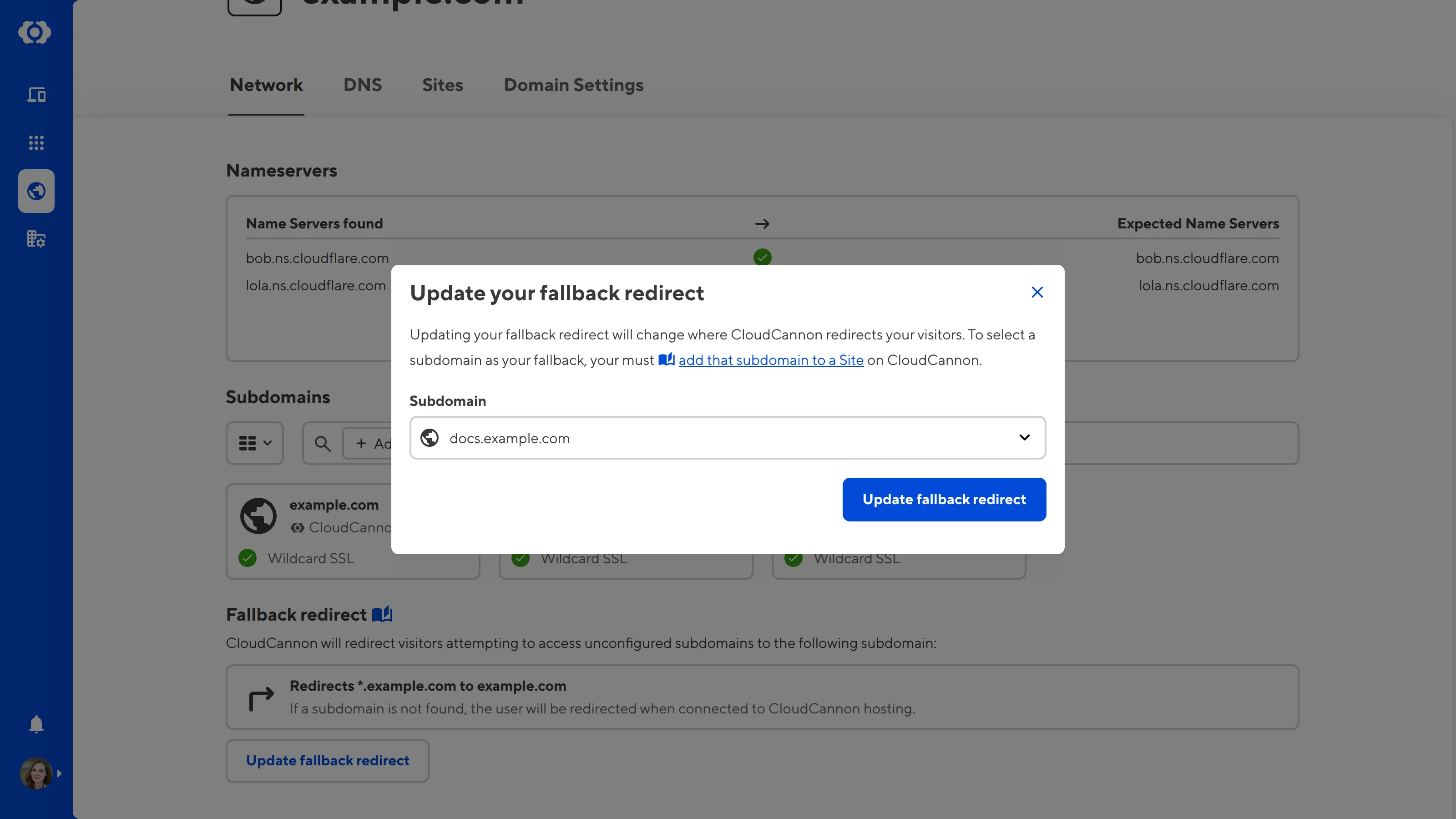 A screenshot of the Update your fallback redirect modal on the Network tab shows a Subdomain dropdown for selecting a new fallback redirect.