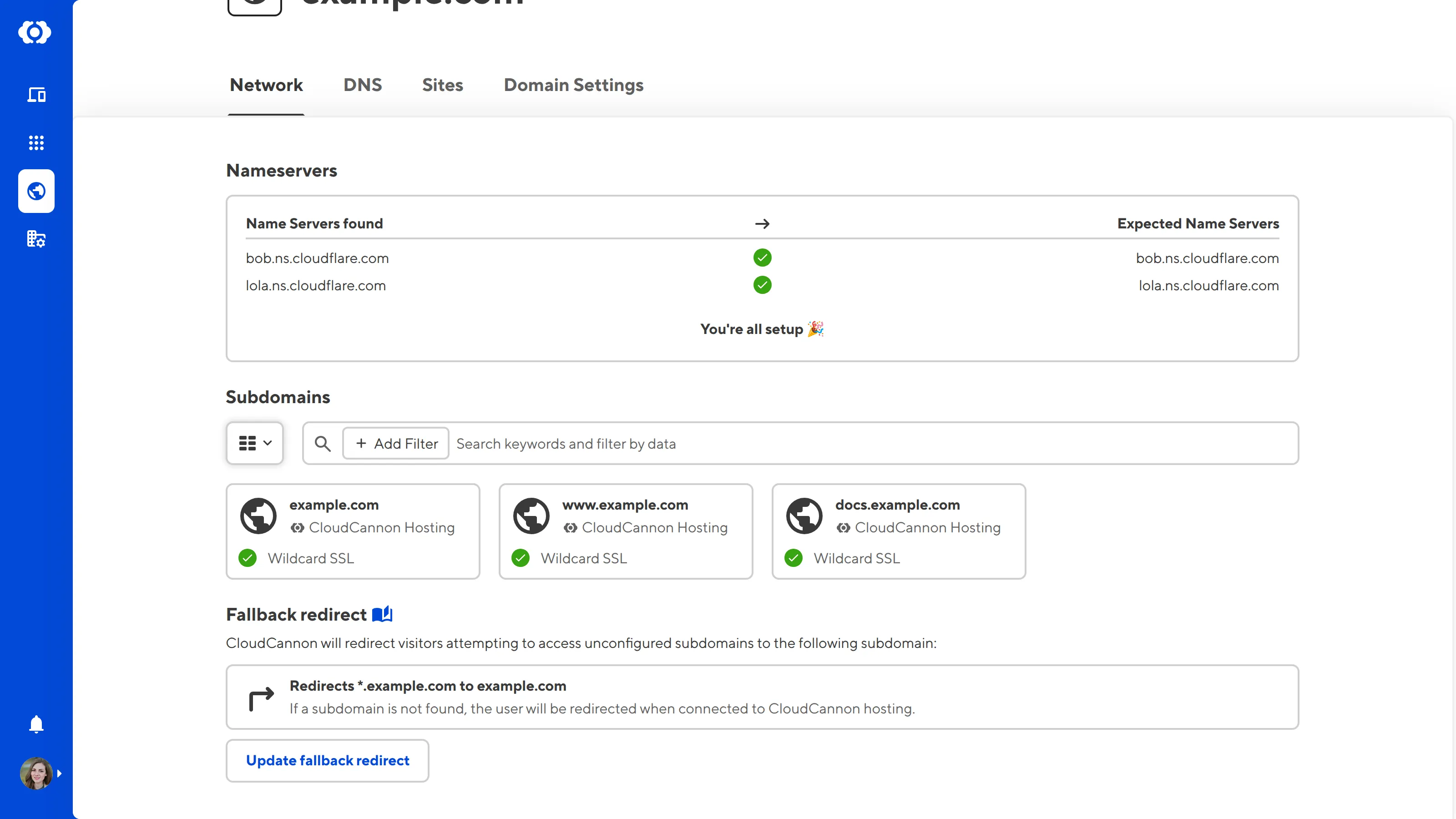 A screenshot of the Network tab on the Domain page shows the fallback redirect section and Update fallback redirect button.