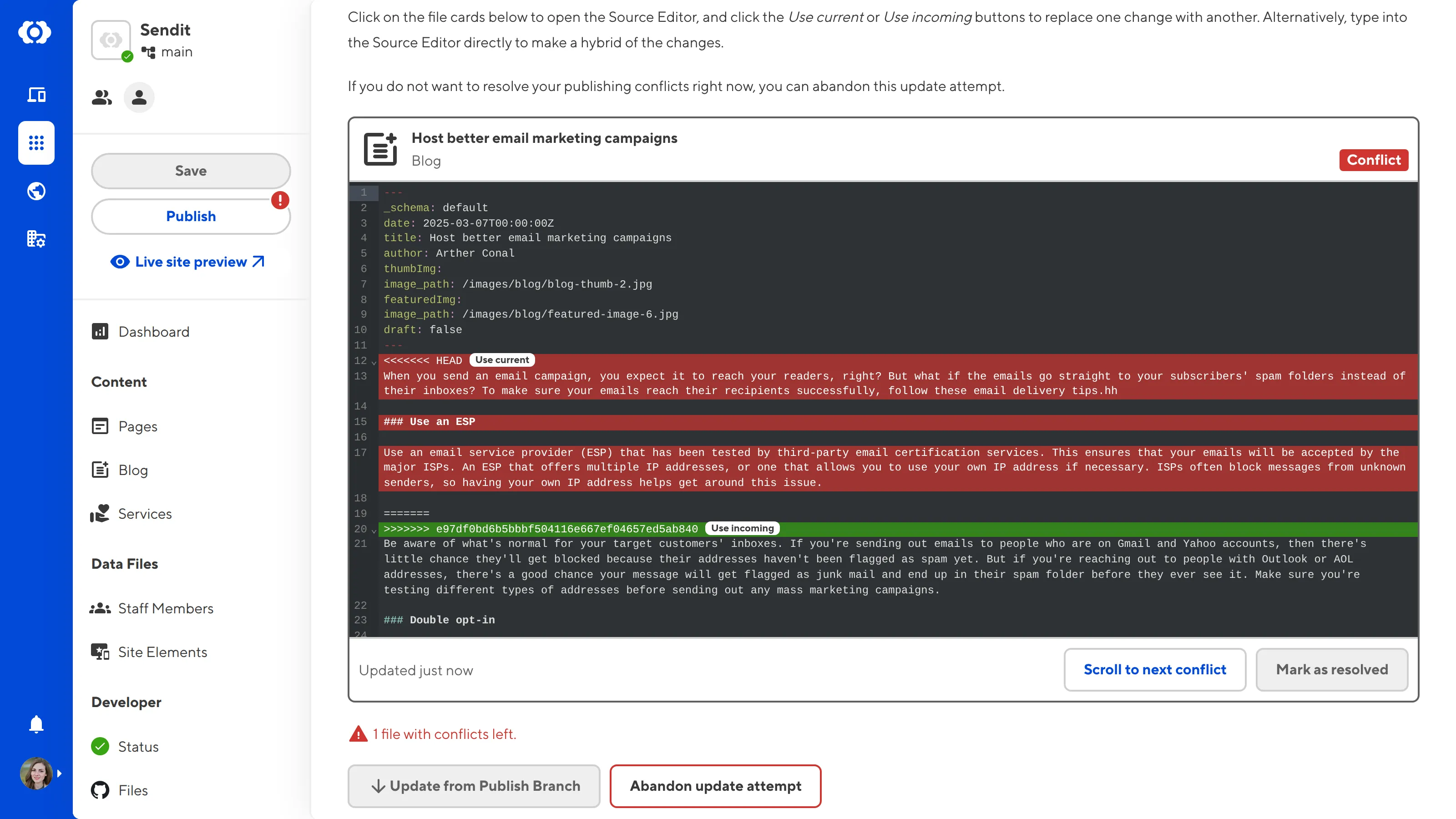 Publishing Conflict Resolution A screenshot of the Publishing page shows a conflicted file open in the Source Editor with current and incoming changes highlighted.