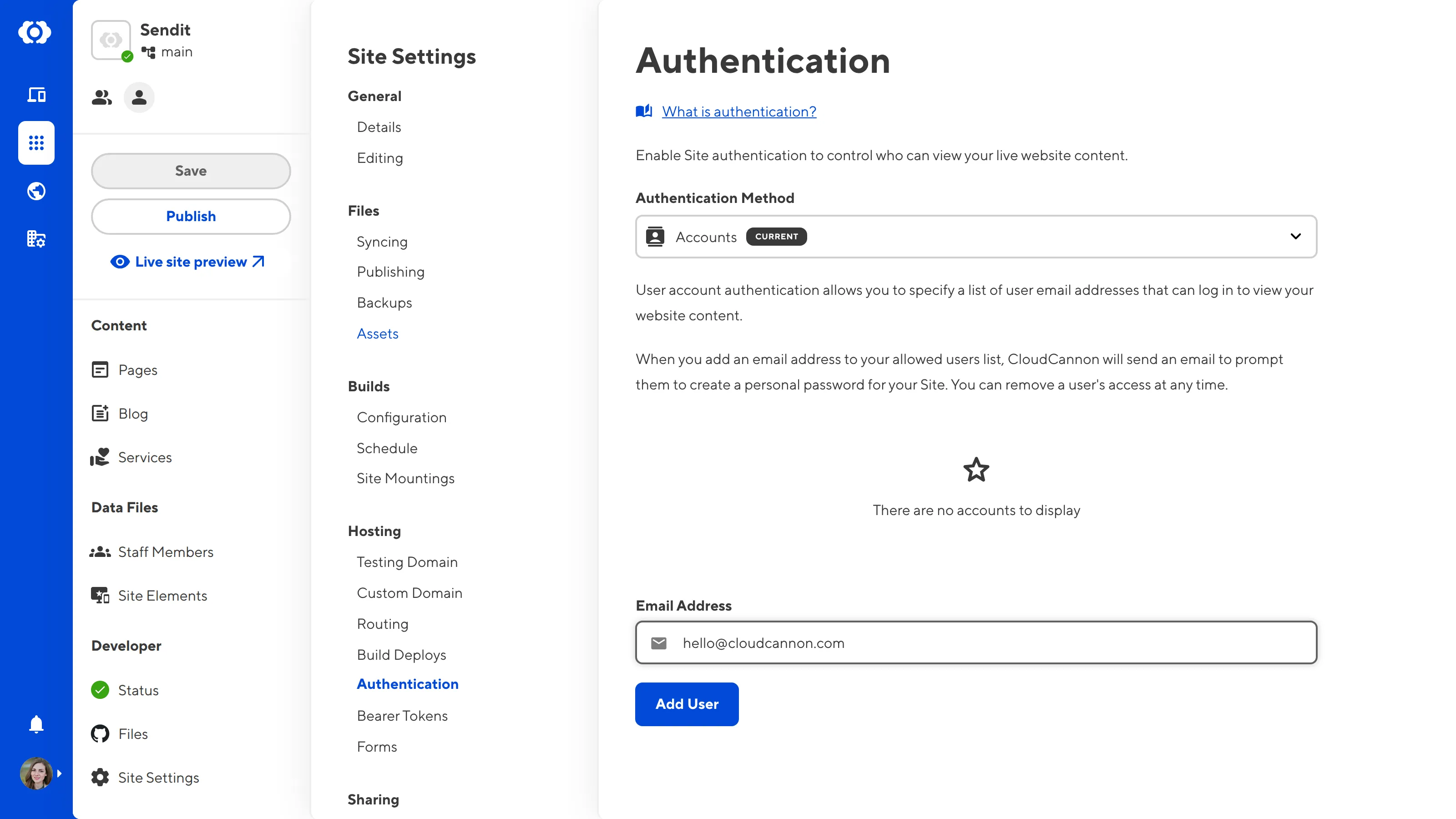 A screenshot of the Authentication page shows a text field where you can enter the email address of the person you want to invite.