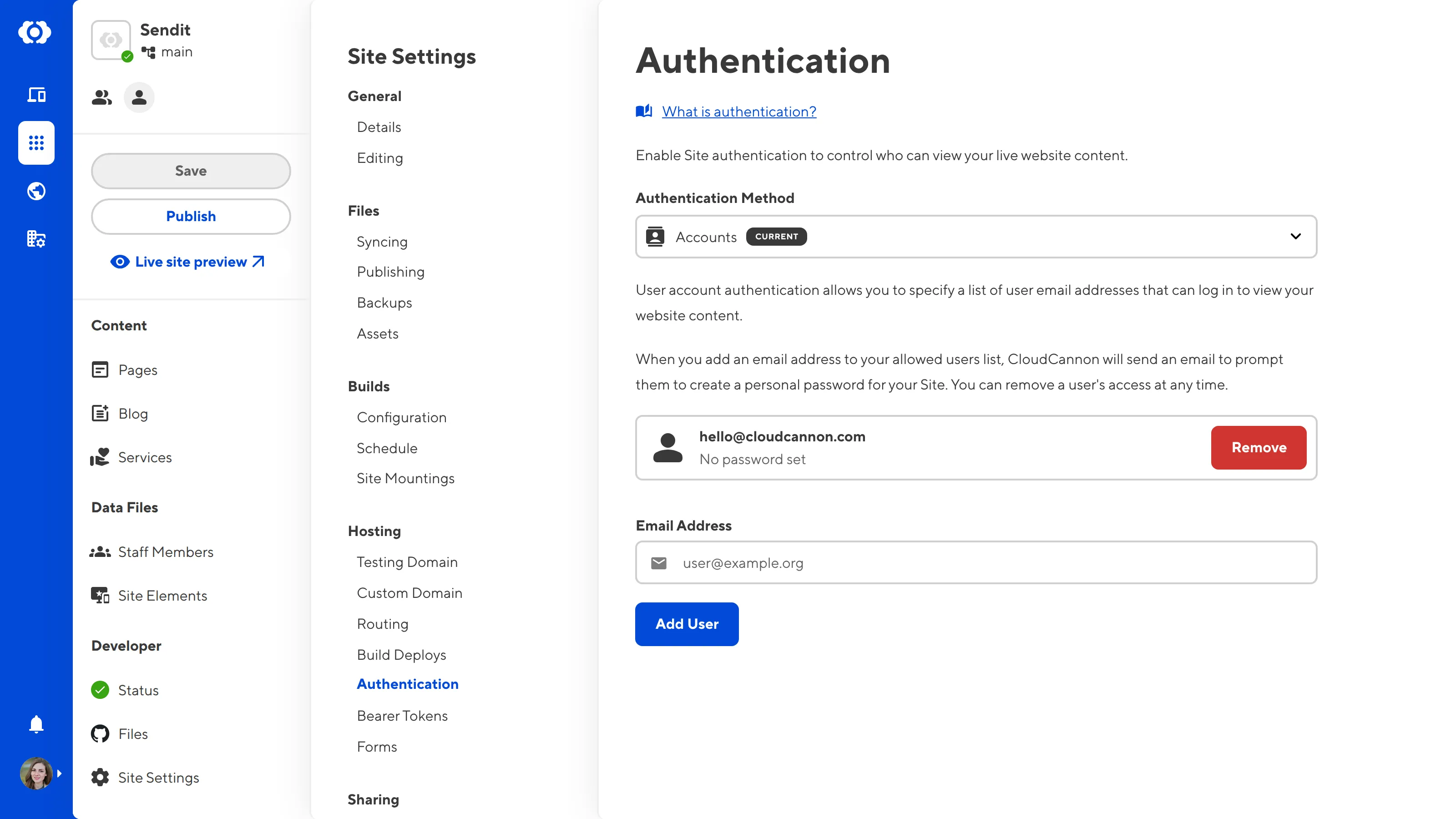 A screenshot of the Authentication page shows a card for each user you have invited to your Site.
