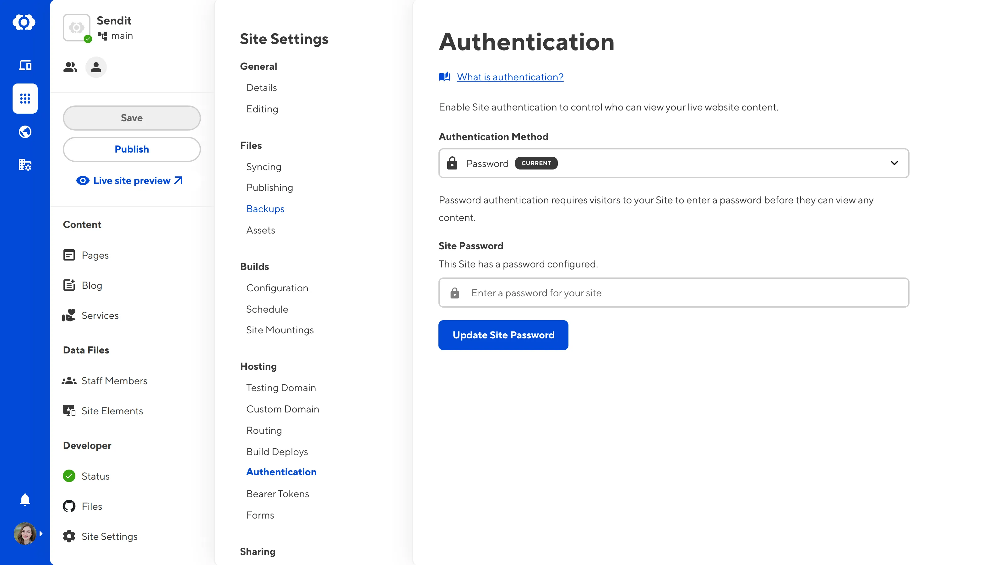 The Authentication Page A screenshot of the Authentication page shows a this Site has a password set.