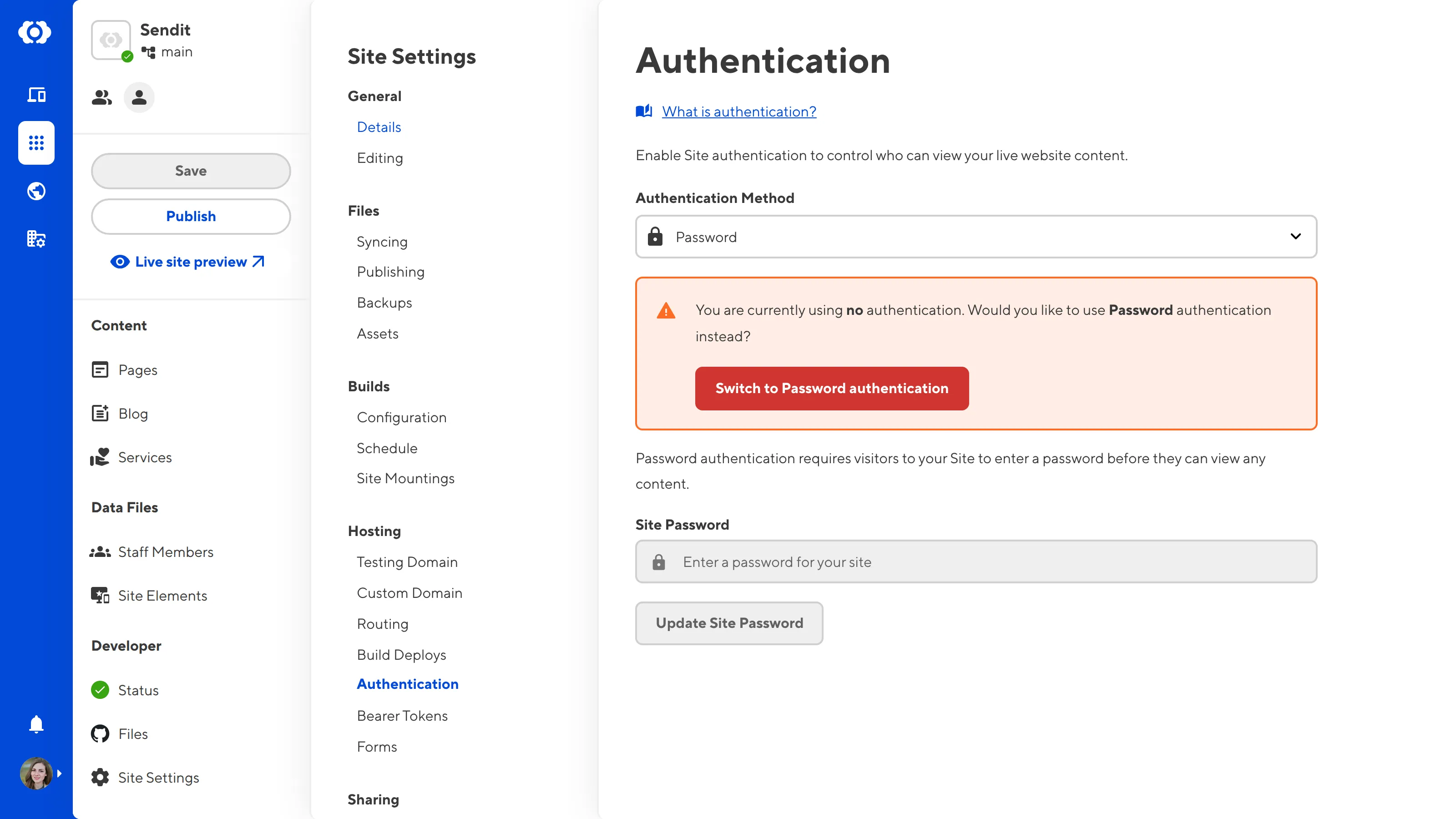 The Authentication Page A screenshot of the Authentication page shows the Switch to Password authentication button.