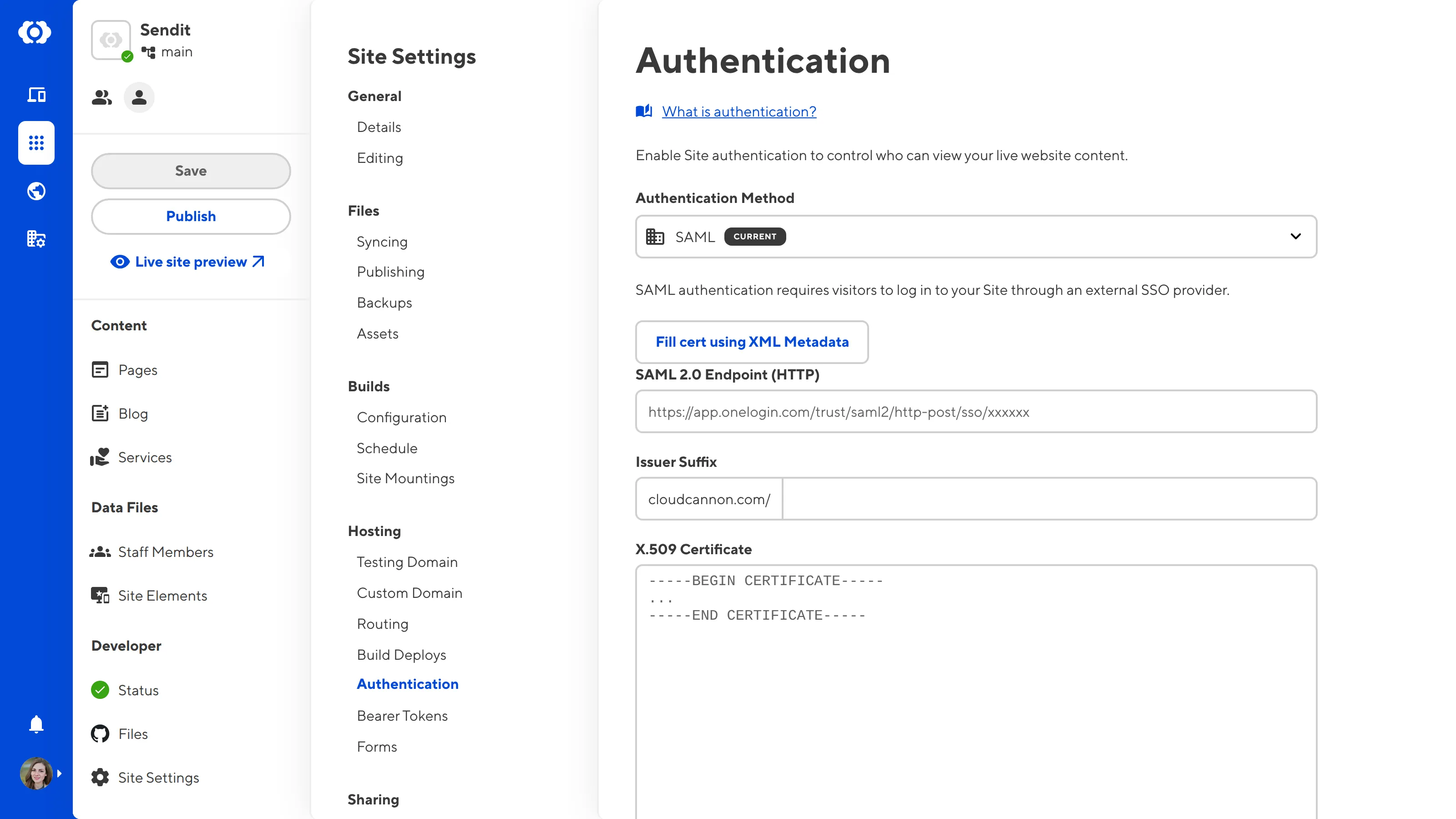 A screenshot of the Authentication page shows fields for SAML 2.0 Endpoint (HTTP), Issuer Suffix , and X.509 Certificate.