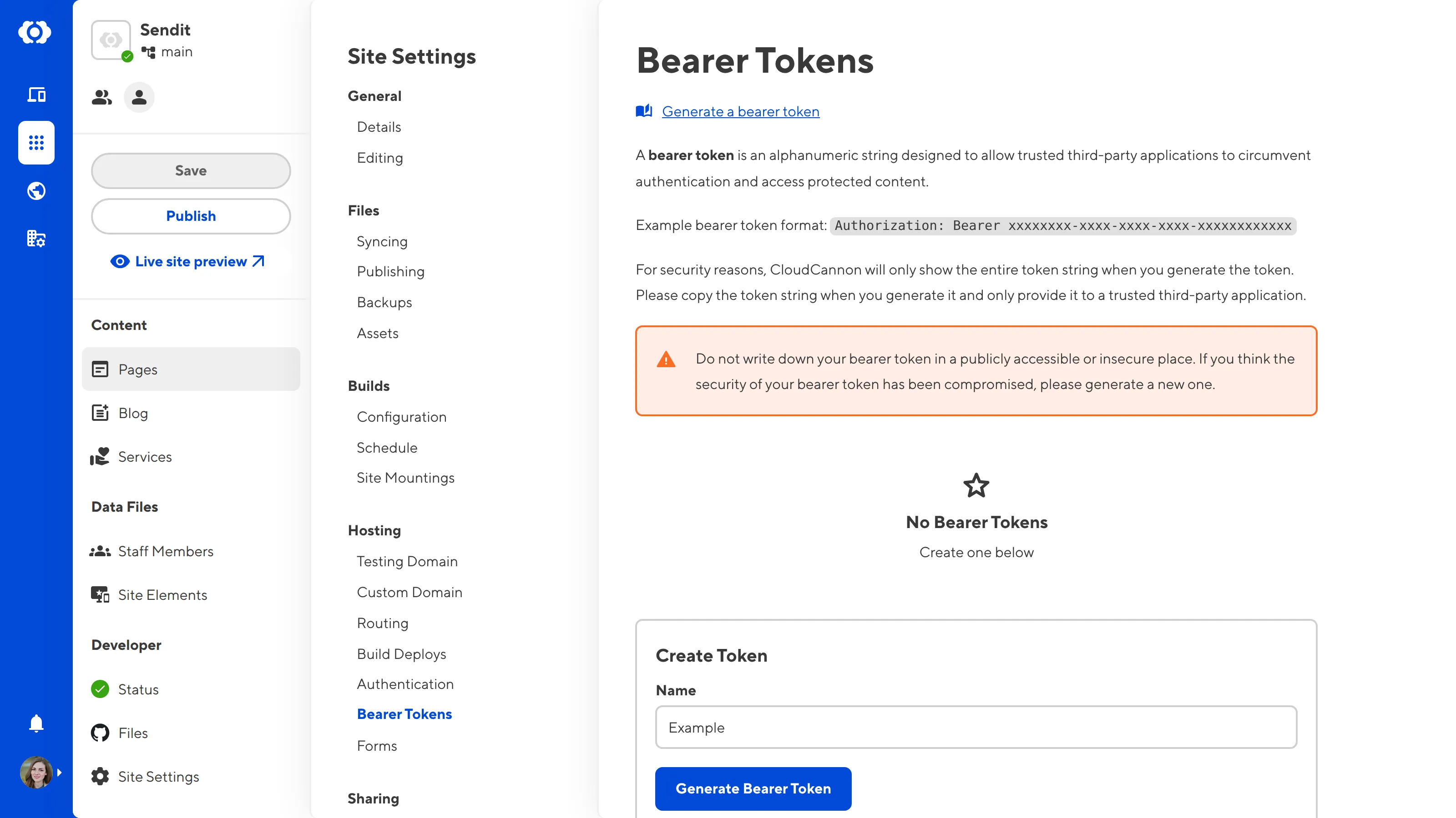 A screenshot of the Bearer Token page under Site Settings shows the Name text field and the Generate Bearer Token button.