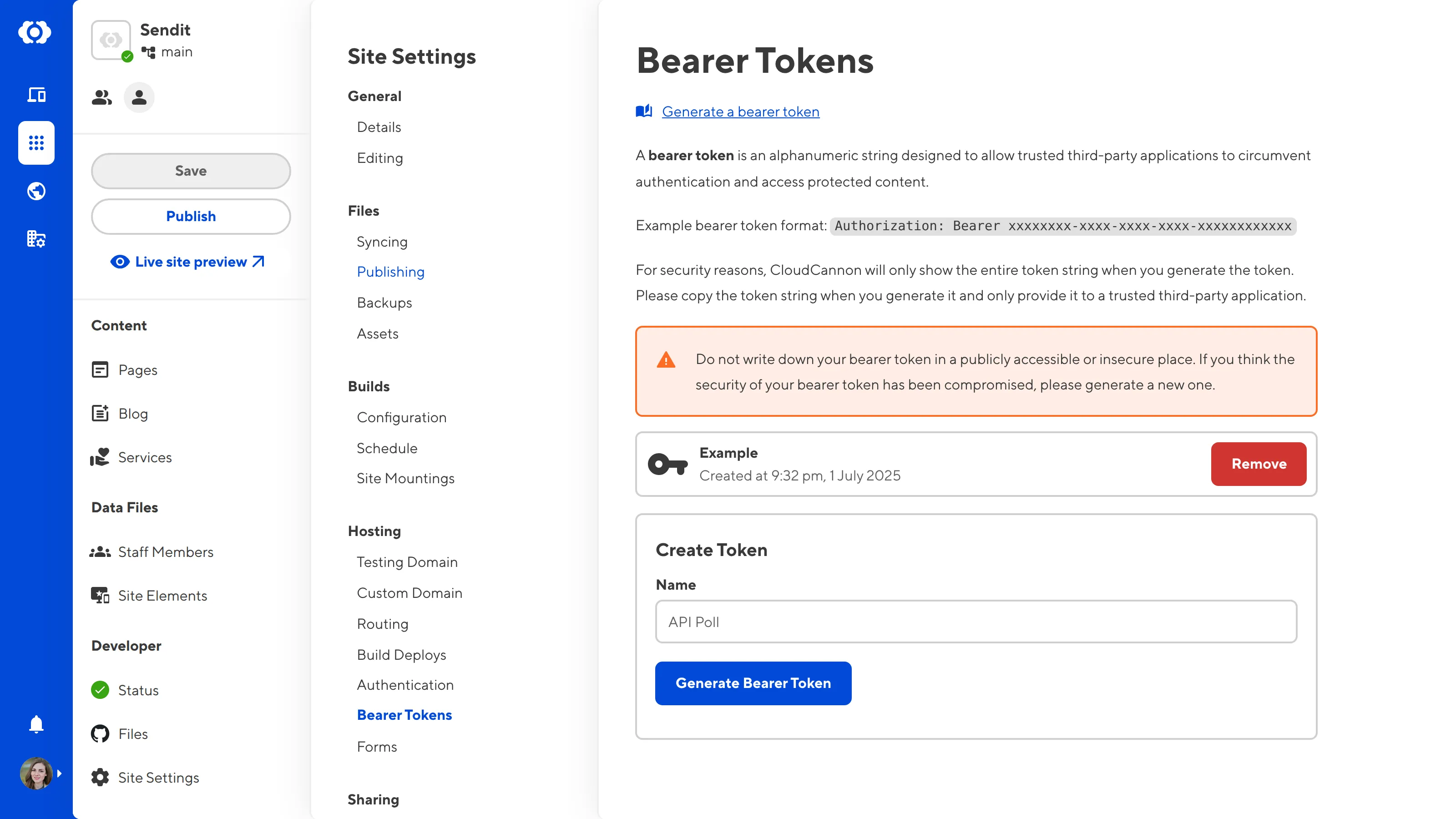 A screenshot of the Bearer Token page under Site Settings shows one bearer token has been generated for this Site.