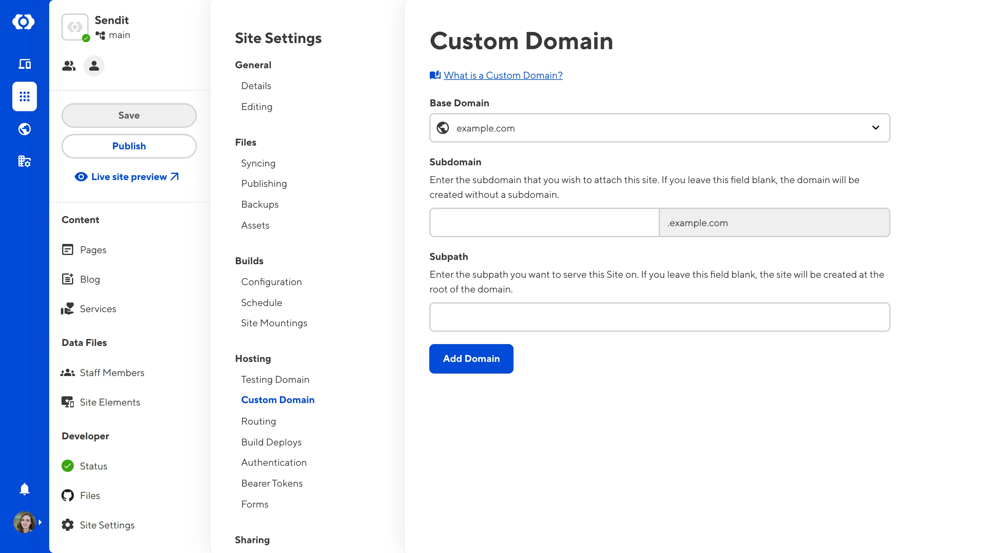 The Custom Domain page A screenshot of the Custom Domain page under Site Settings shows the Base Domain dropdown and two text fields for Subdomain and Subpath.