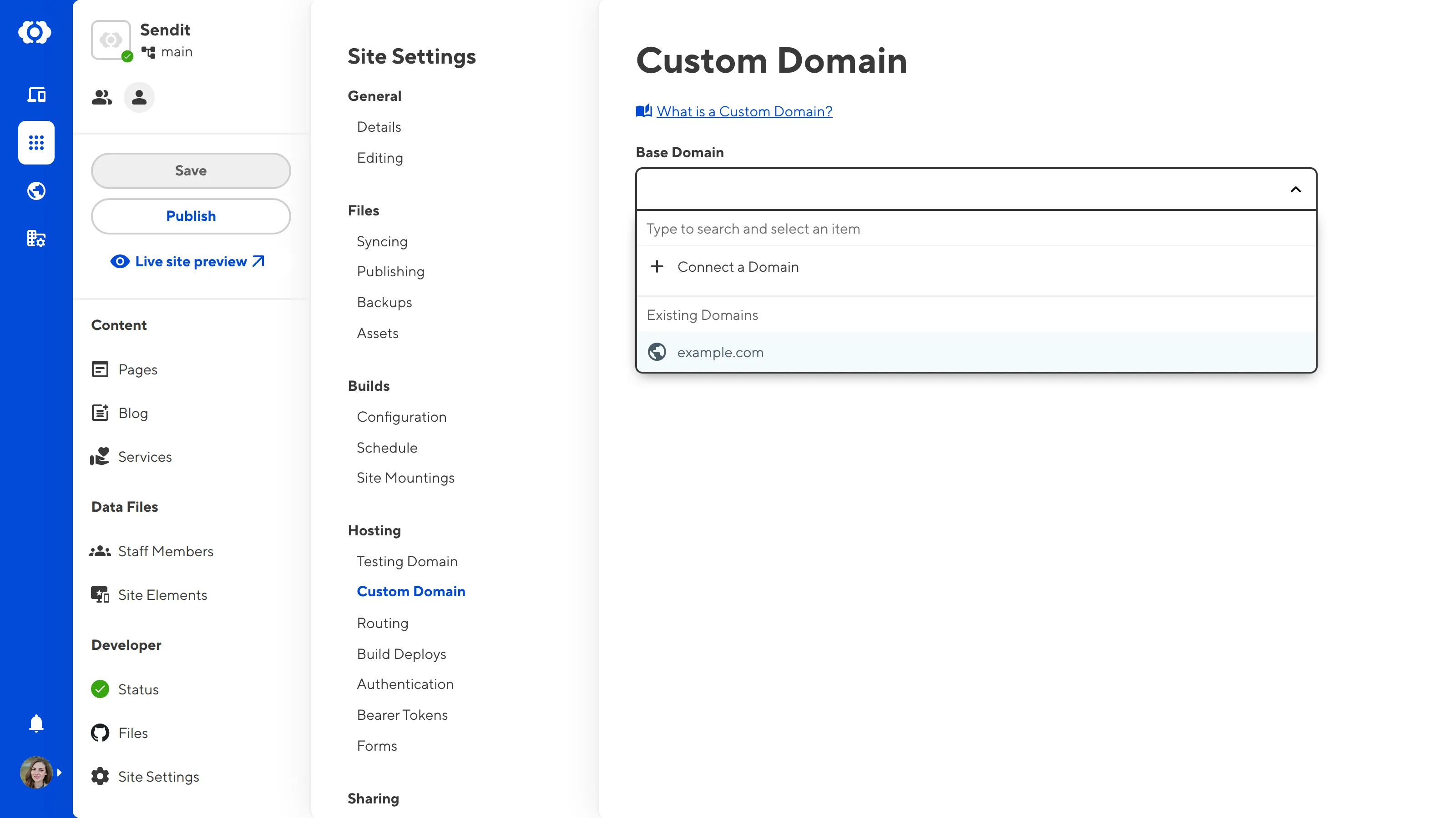 The Custom Domain page A screenshot of the Custom Domain page under Site Settings shows the Base Domain dropdown to select a connected domain.