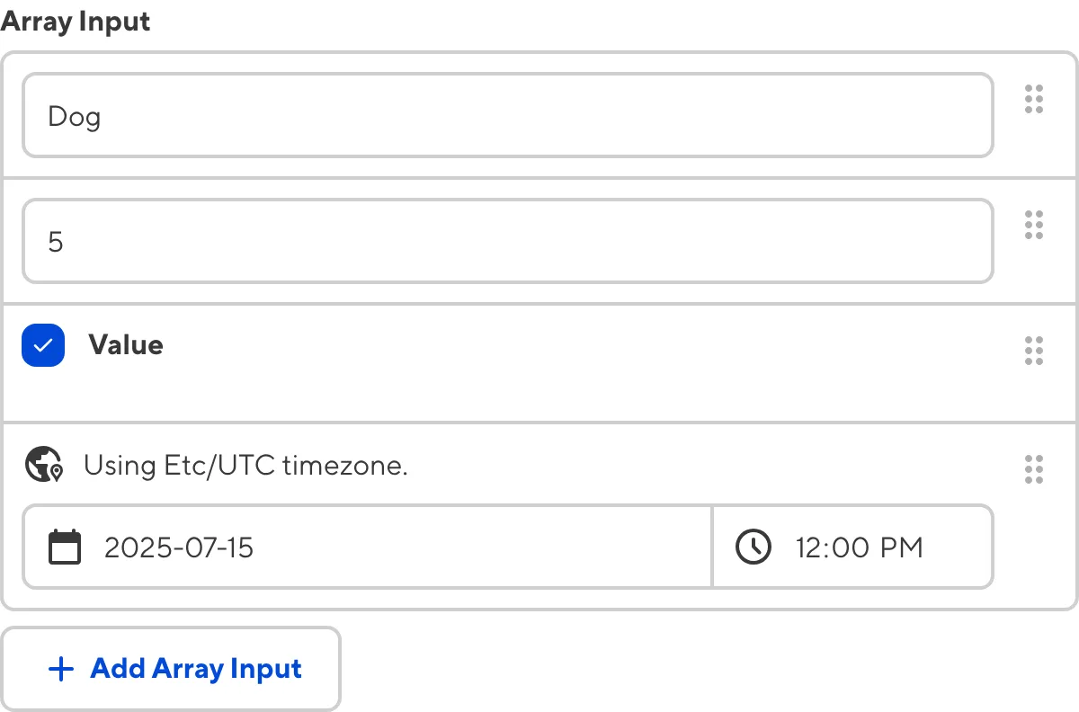 A screenshot of the Array Input in the Data Editor shows a several inline cards in a list.
