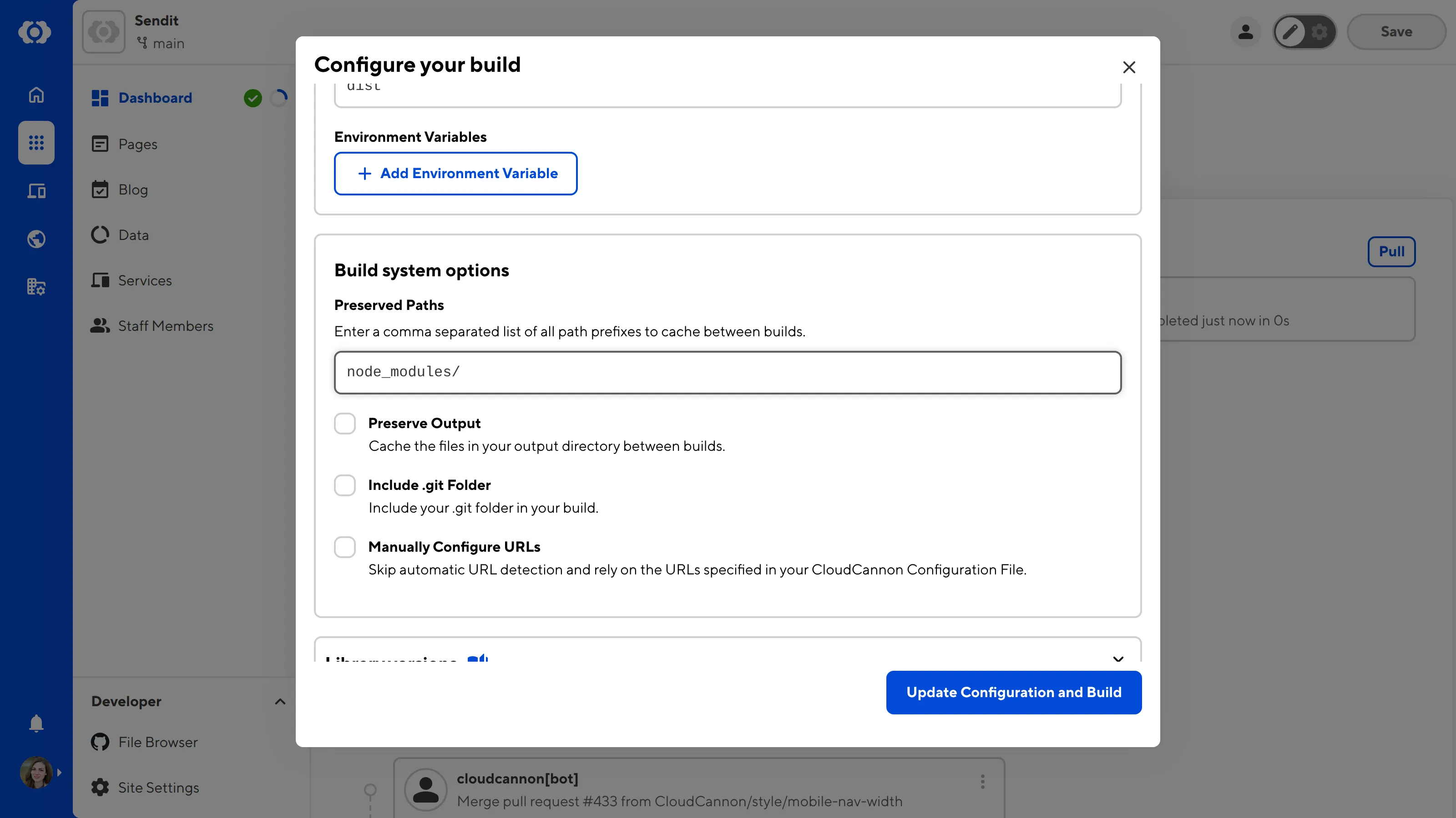 The Configure your build modal A screenshot of the Configure your build modal shows the build system options, including Preserved Paths.