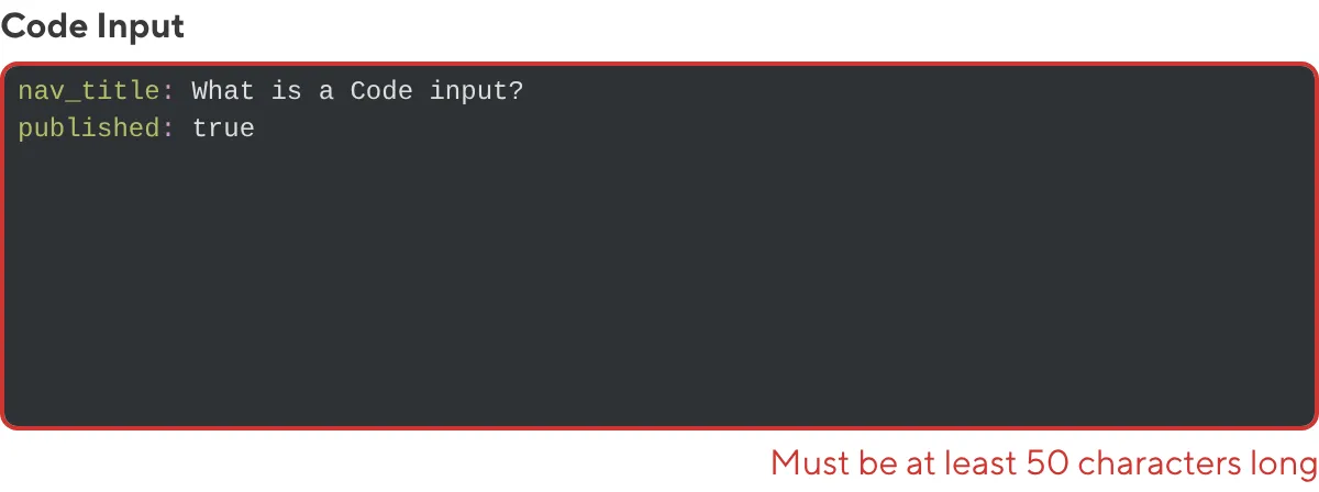 A screenshot of the Code Input in the Data Editor shows an error message as the value is too few characters.