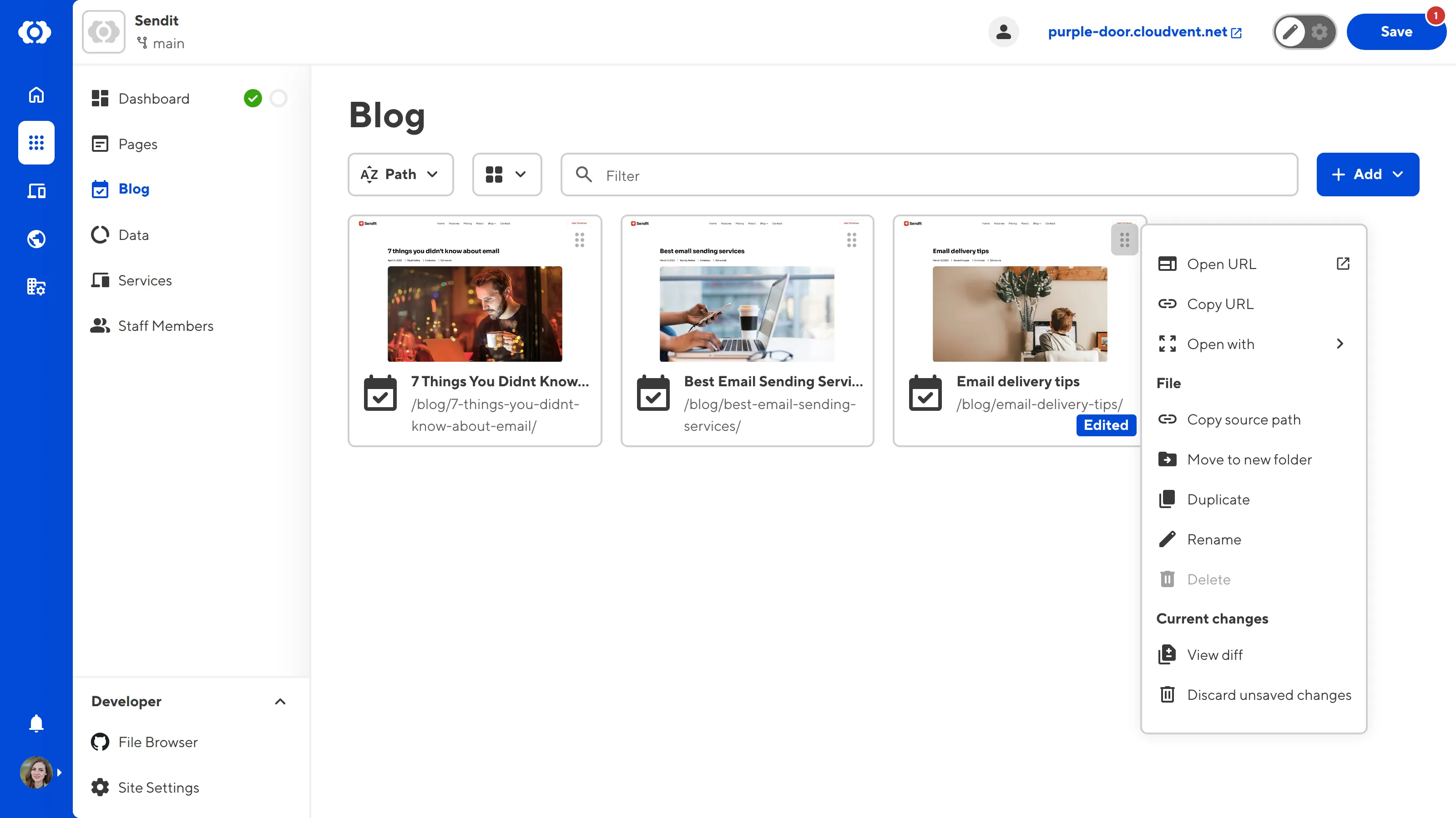 A screenshot of the Collection browser shows the open Context Menu with the Preview live site here option.