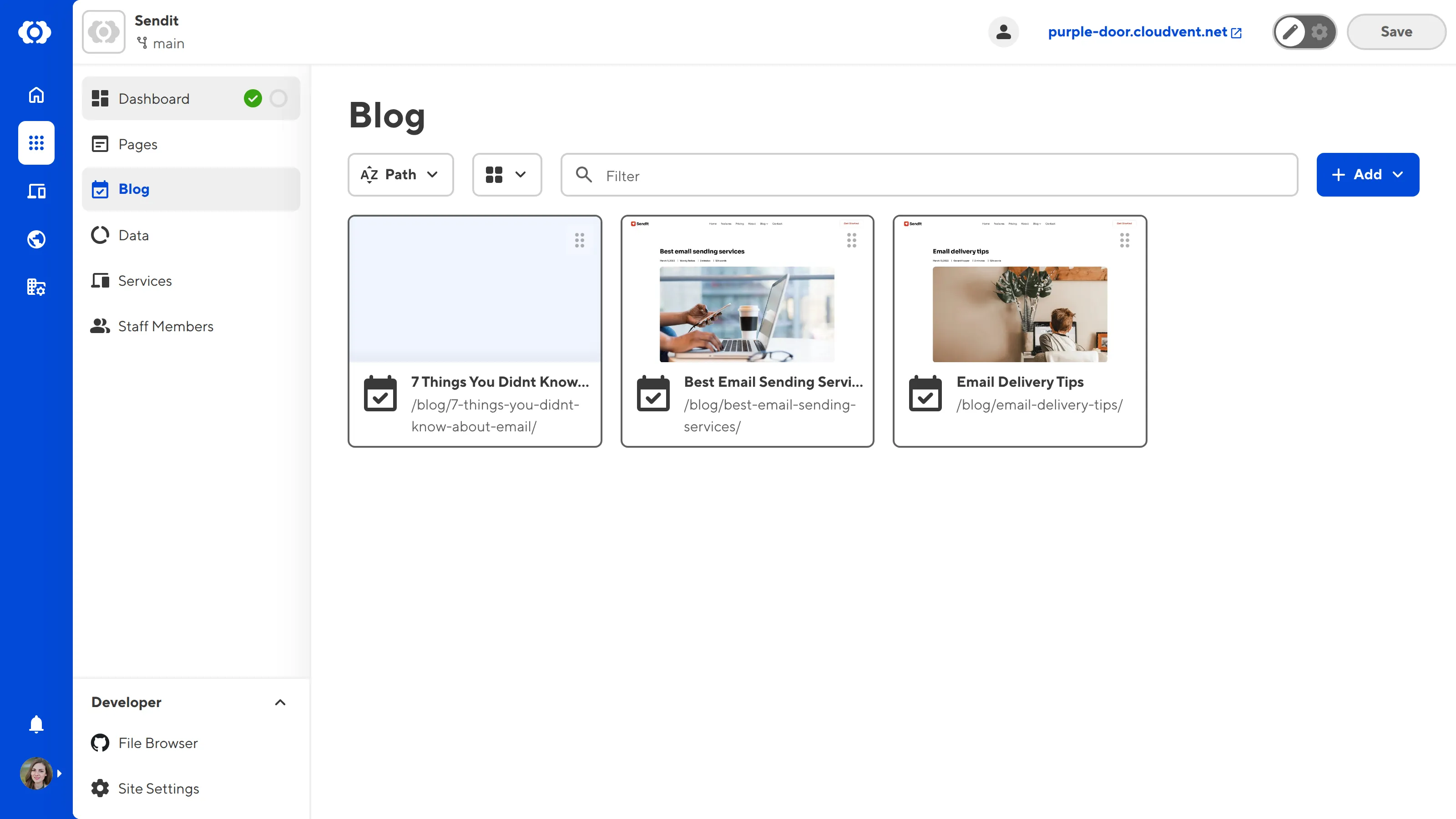 The Collection Browser A screenshot of the Collection browser shows previews of several blog files, sort and view dropdowns, the collection filter, and the + Add button.