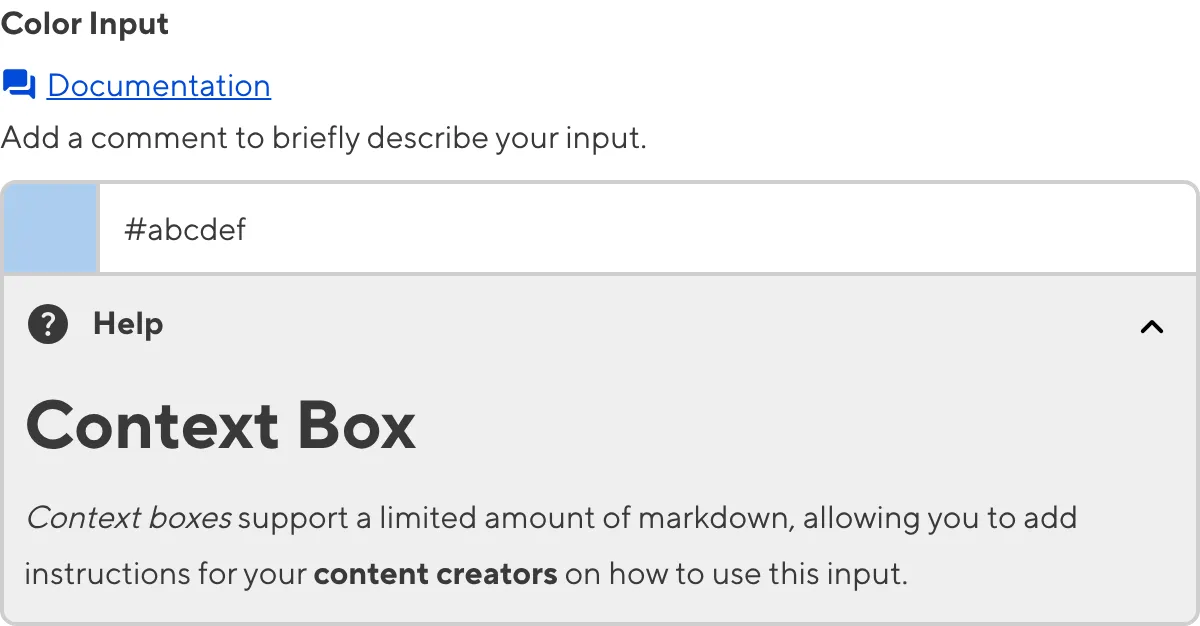 A screenshot of the Color Input in the Data Editor with a Context Box underneath the text field.
