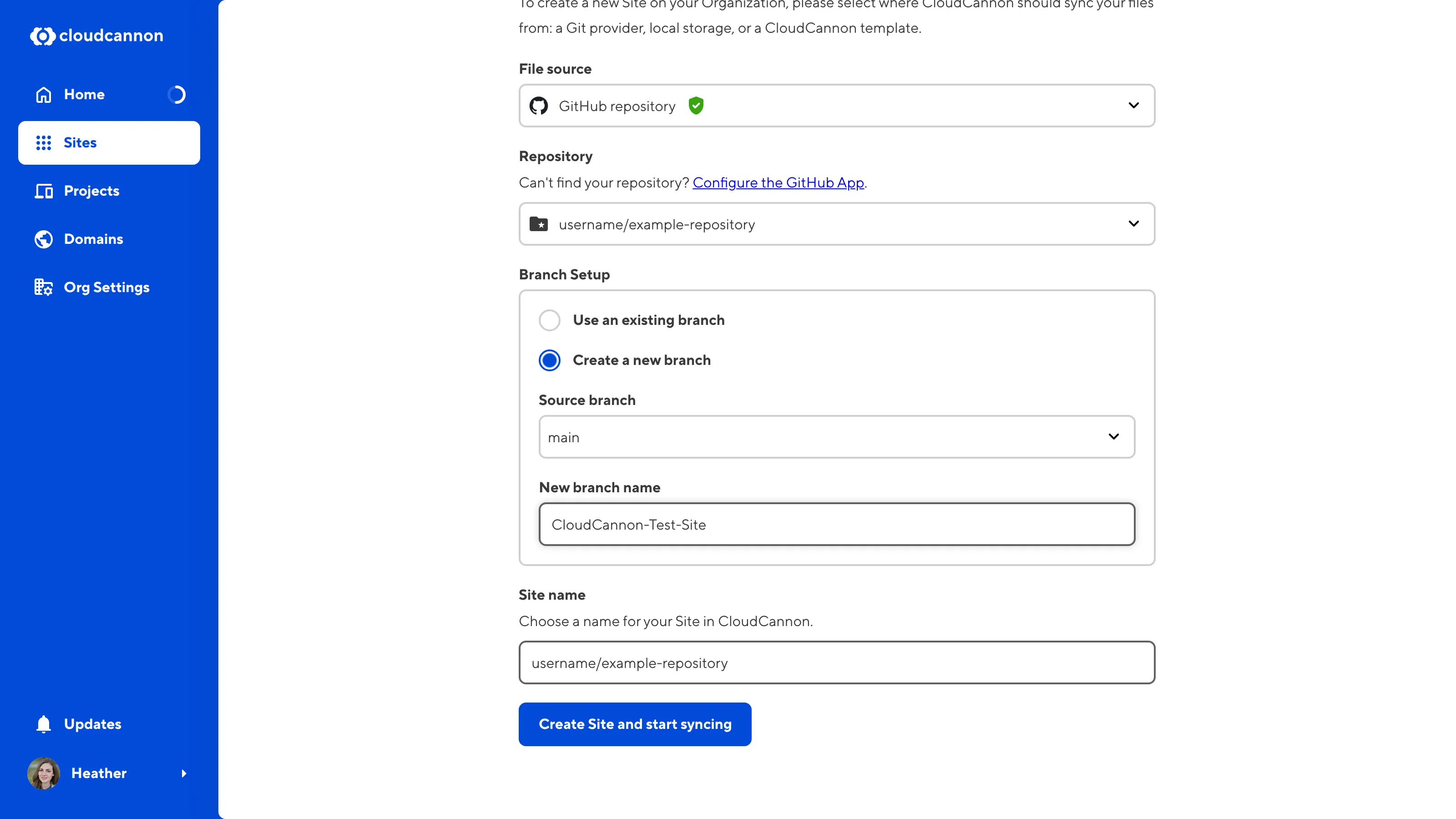 The Create a Site page A screenshot of the Create a Site page shows the Create a new branch radio button, Source branch, and New branch name fields.