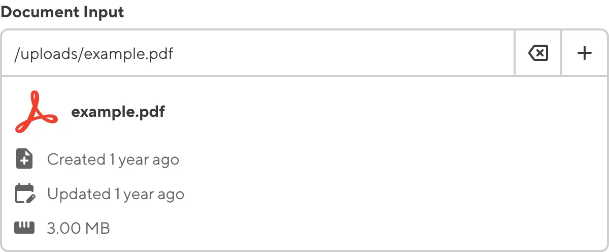 A screenshot of the Document Input in the Data Editor shows the preview and metadata for the selected PDF file.