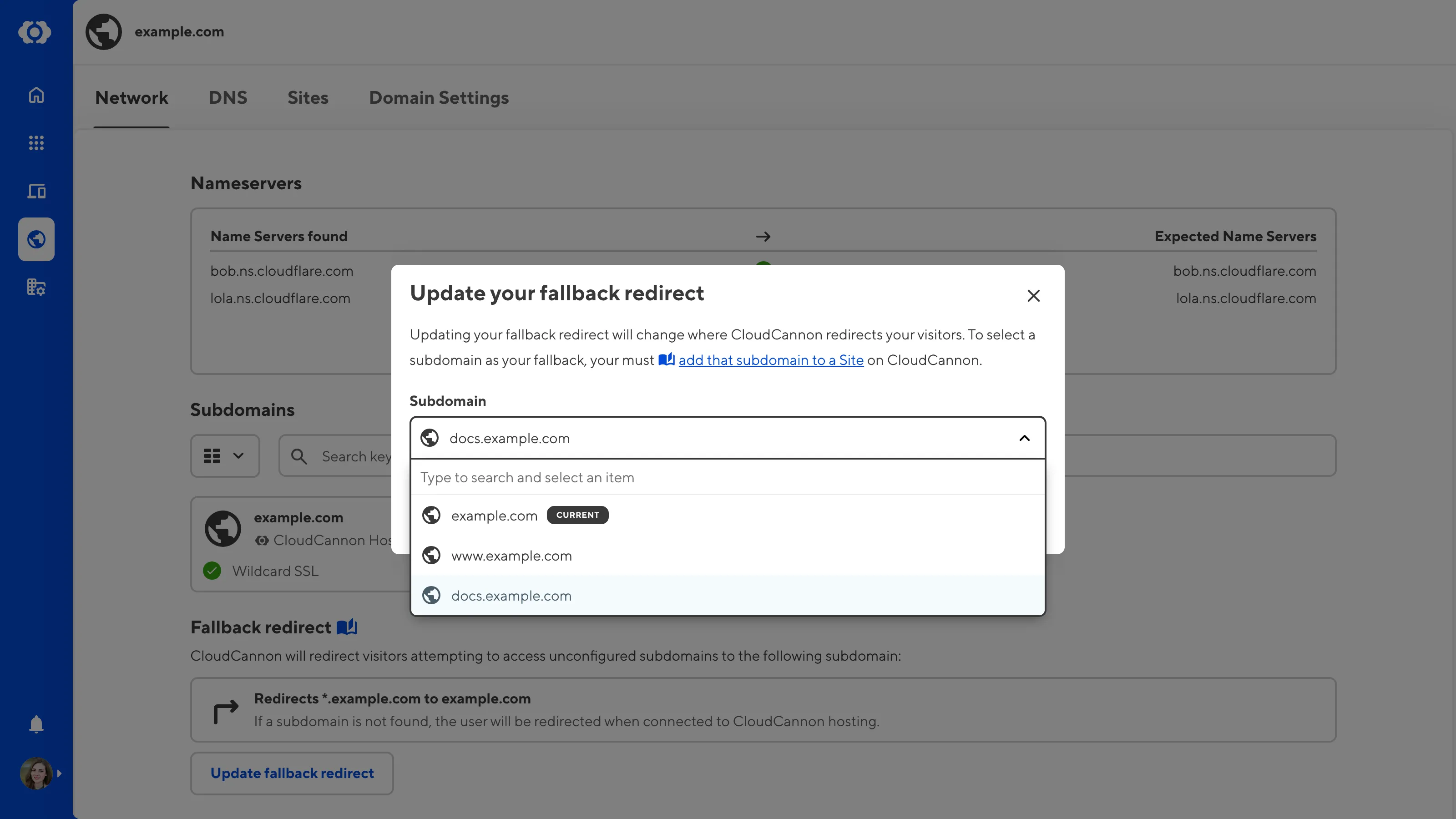 A screenshot of the Update your fallback redirect modal on the Network tab shows a Subdomain dropdown for selecting a new fallback redirect.