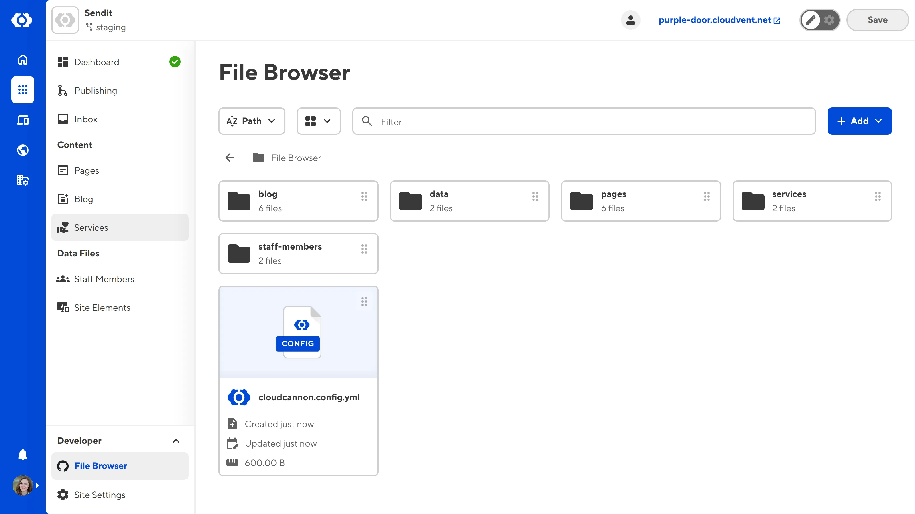 A screenshot of the File browser shows several Site files, sort and view dropdowns, the file filter, and the + Add button.