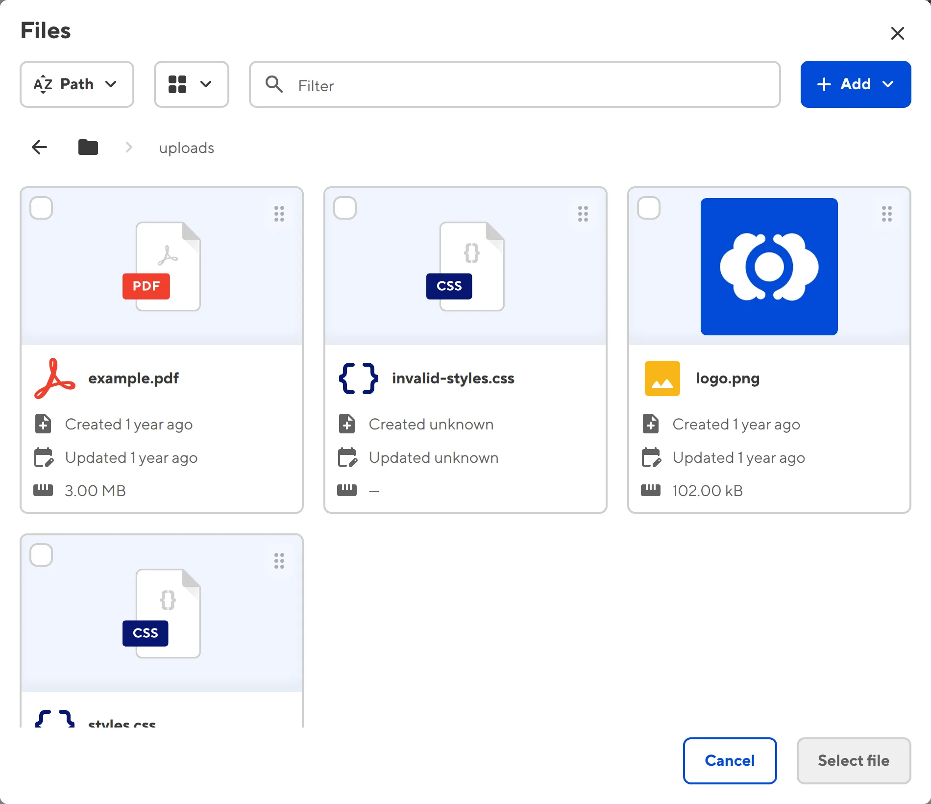 A screenshot of the File Input File Browser shows the default upload location for files, with three files you can select as the Input value.