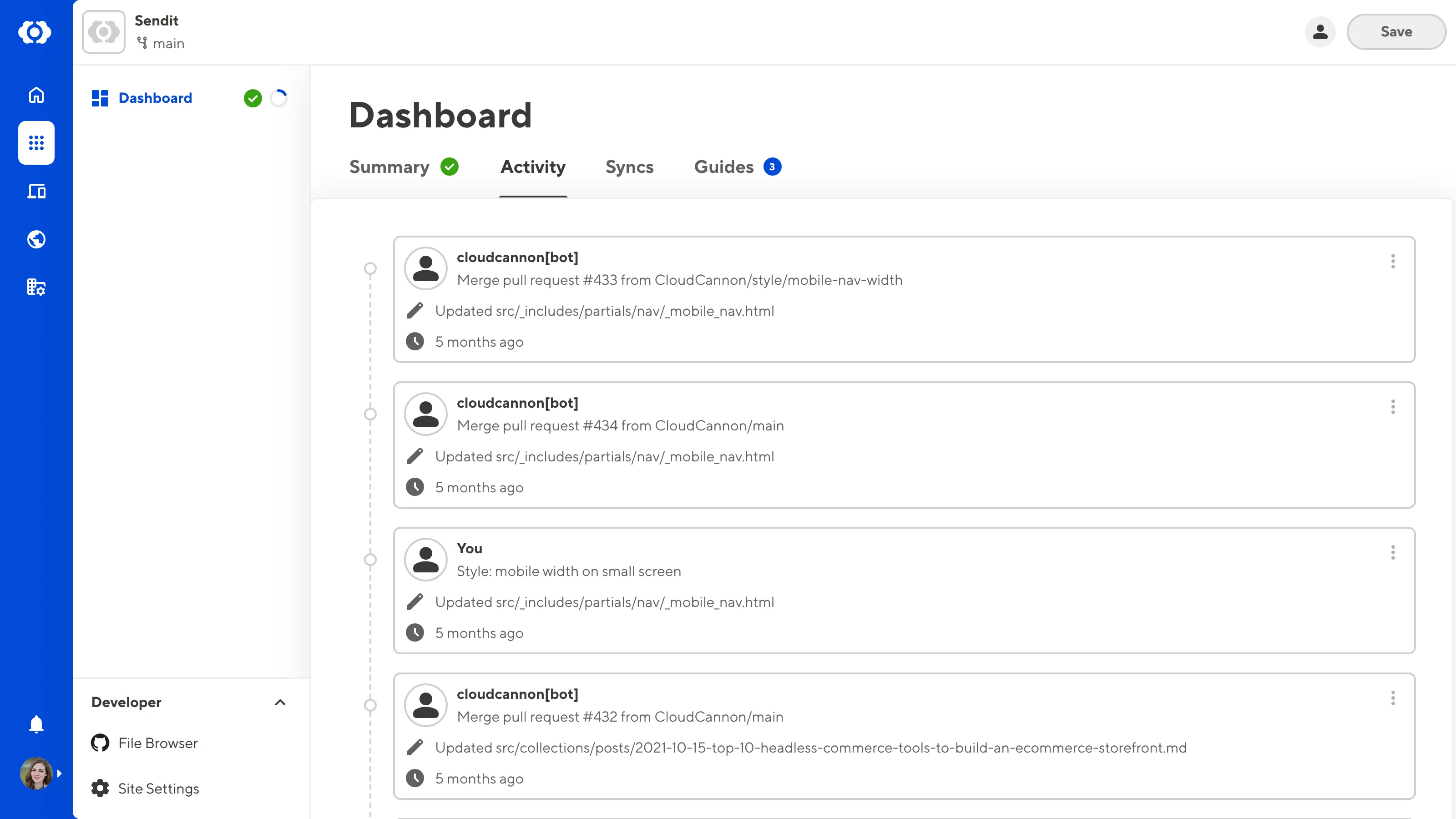 A screenshot of the Activity tab on the Site Dashboard shows two activity item.