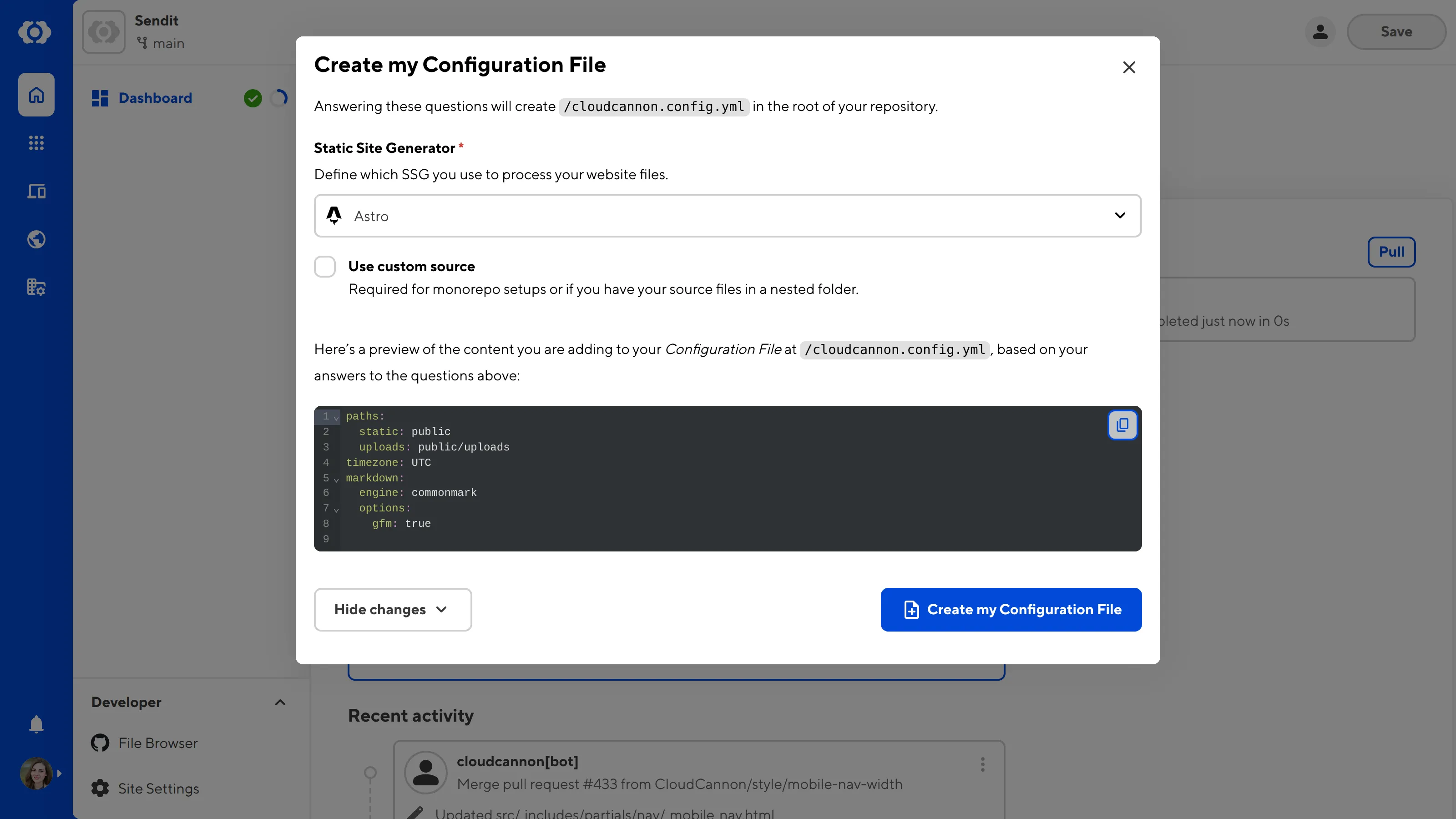 The Create my Configuration File modal A screenshot of the Create my Configuration File modal shows the initial content CloudCannon will add to your Configuration File.