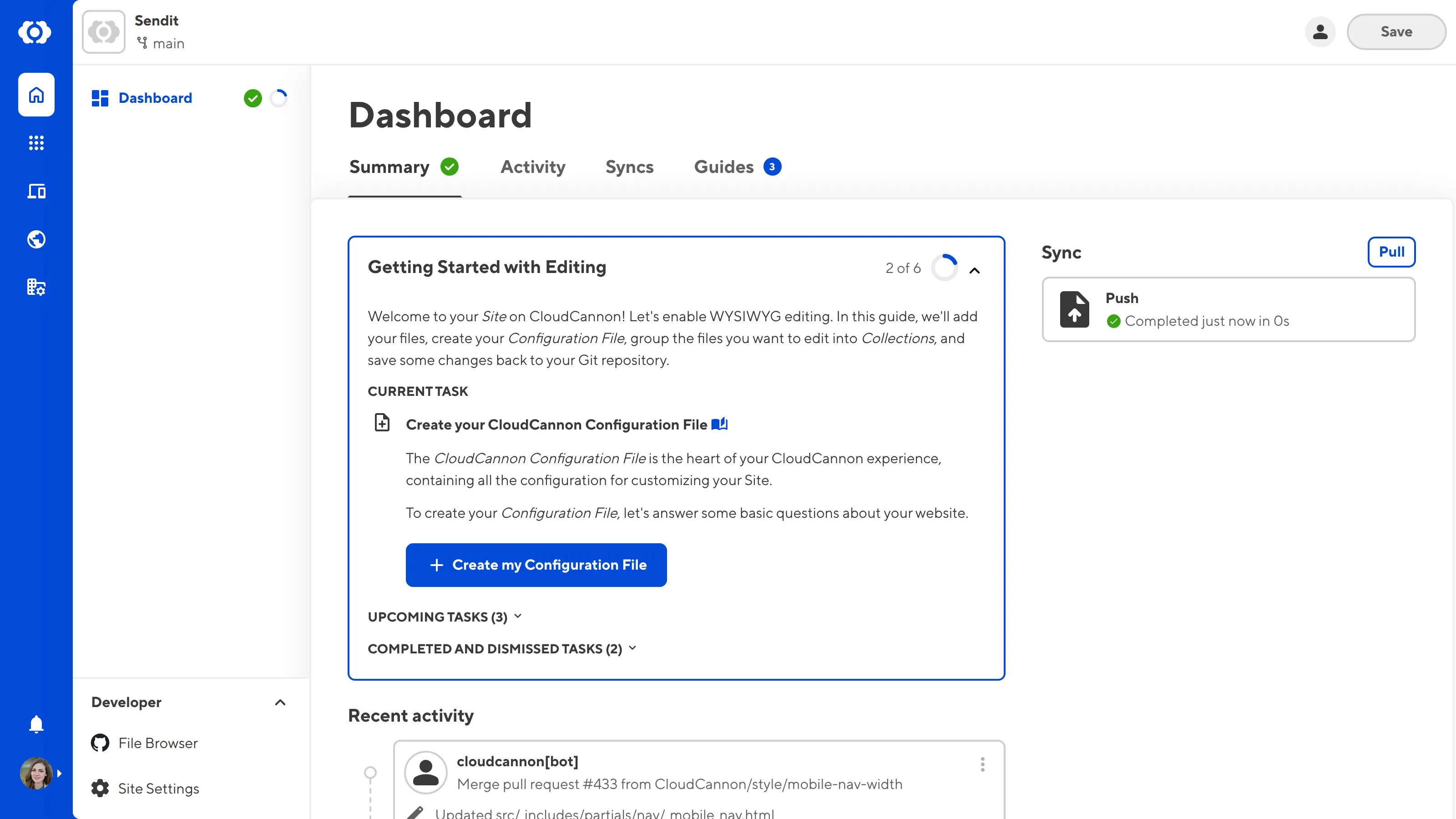 The Site Dashboard A screenshot of the Site Dashboard shows the Getting Started in-app guide with a task to create your CloudCannon Configuration File.