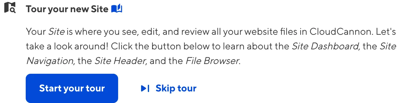 A screenshot of the Site Dashboard shows the Getting Started in-app guide with a task to Tour your new Site.