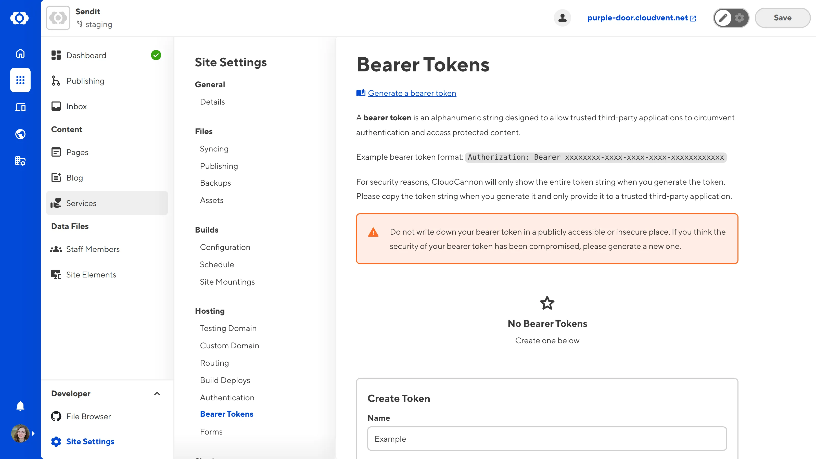 The Bearer Token page A screenshot of the Bearer Token page under Site Settings shows the Name text field and the Generate Bearer Token button.