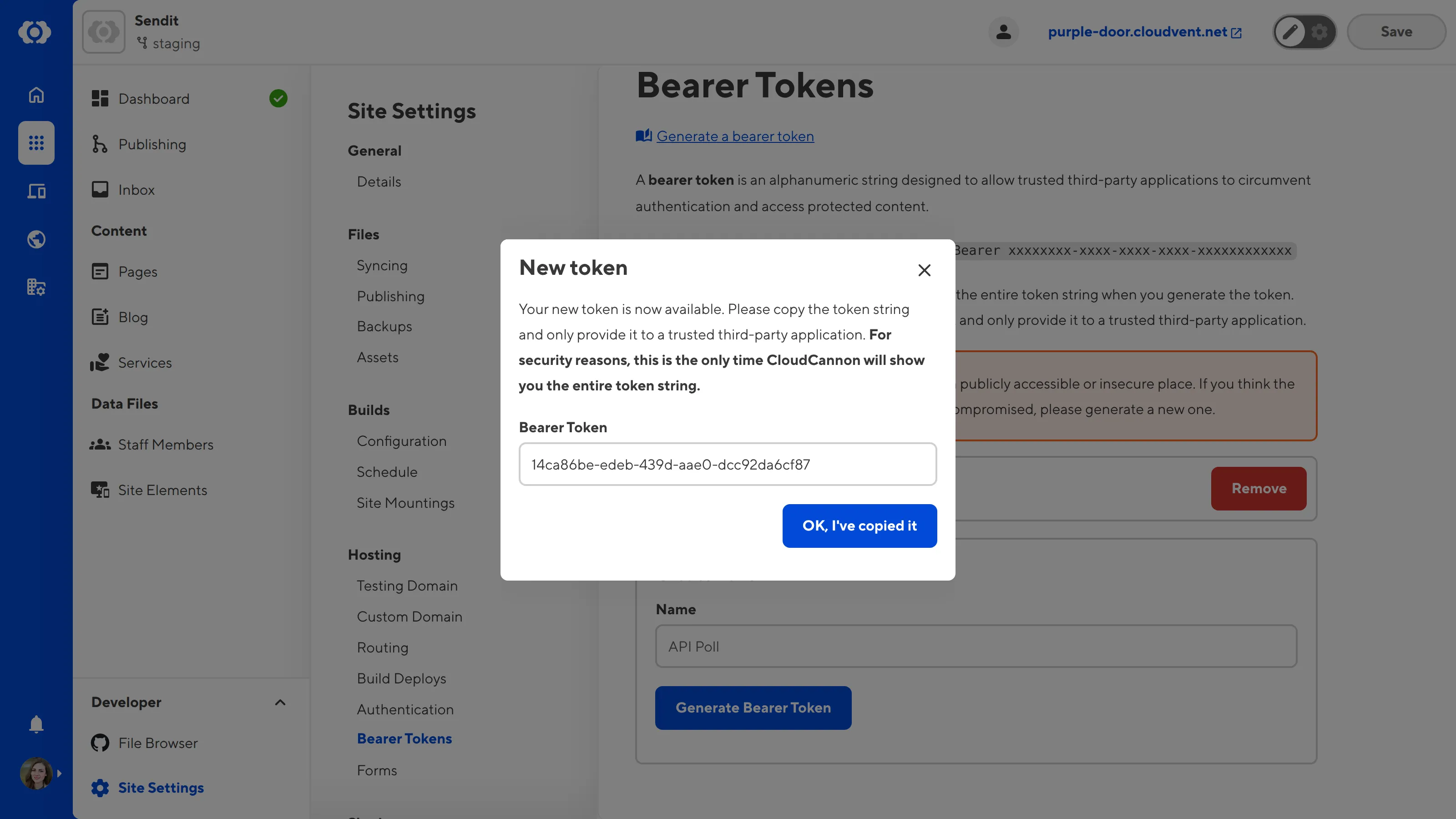 The Bearer Token page A screenshot of the Bearer Token page under Site Settings shows the New Token modal with a bearer token in the text field.