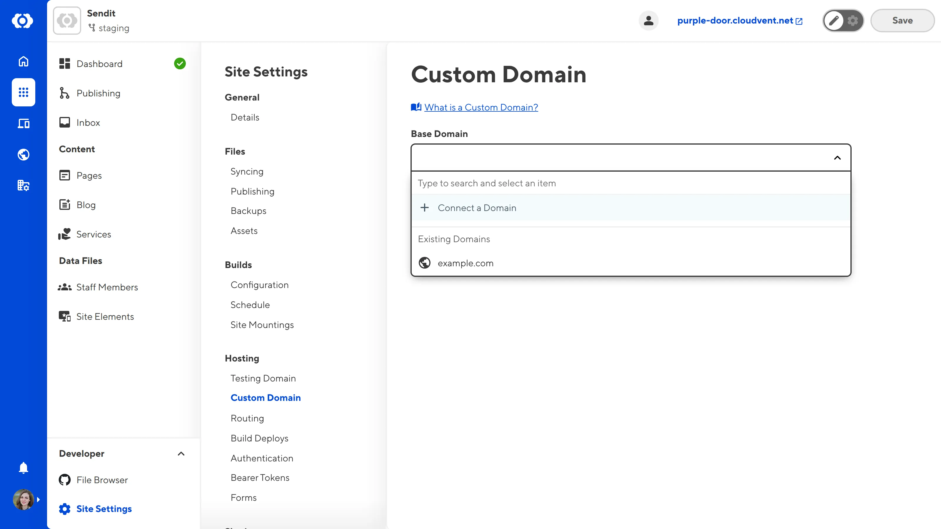A screenshot of the Custom Domains page under Site Settings shows the Base Domain dropdown open with the option to Connect a Domain.