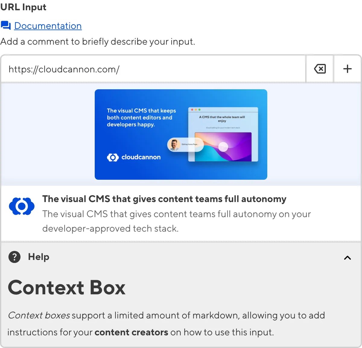 A screenshot of the URL Input in the Data Editor with a Context Box underneath the text area.